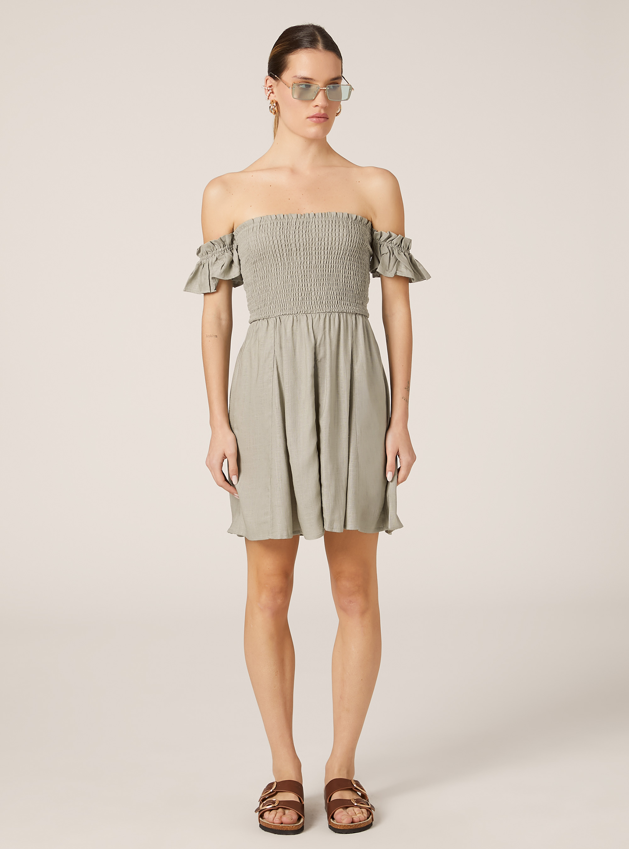 Vestido fruncido en mezcla de lino, KY3 KAKY LIGHT