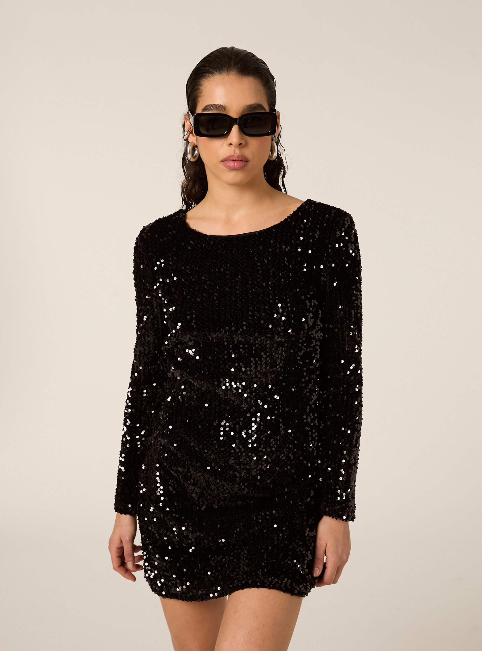 Vestito paillettes con schiena scoperta, BK1 BLACK