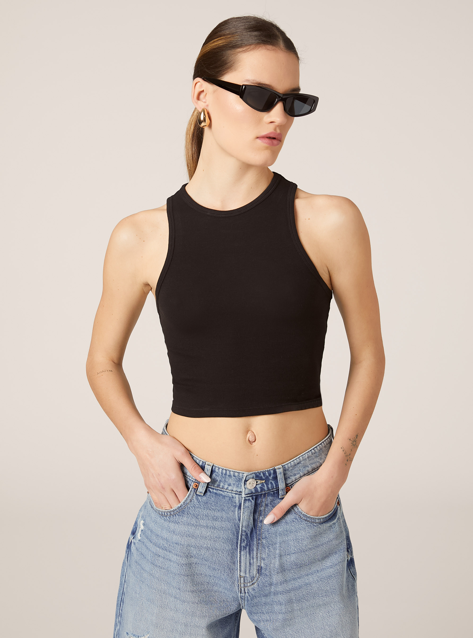 Cropped tank top in rib, BK1 BLACK
