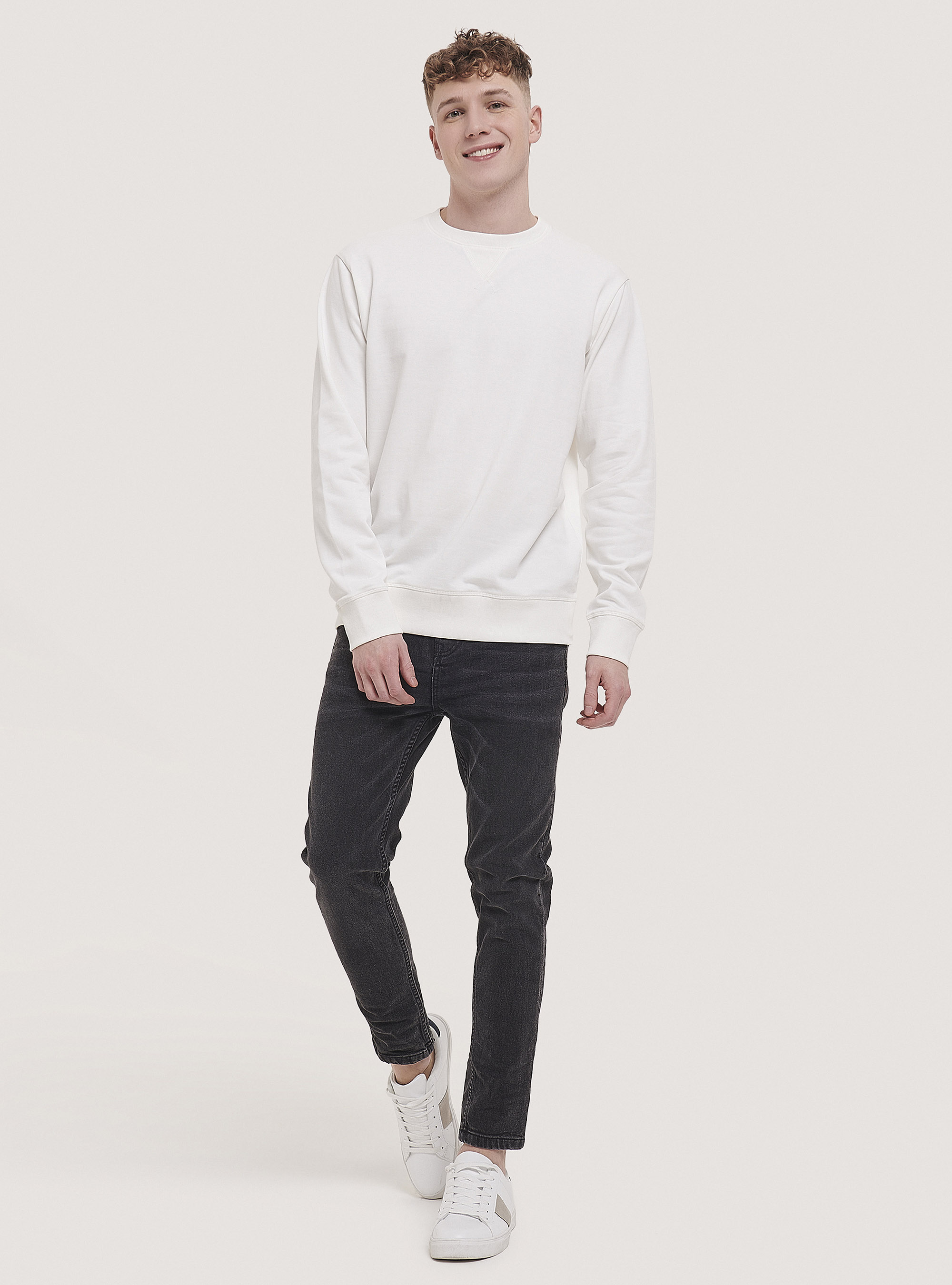 Sweat-shirt basique en coton &agrave; col rond, C0020 OFF WHITE