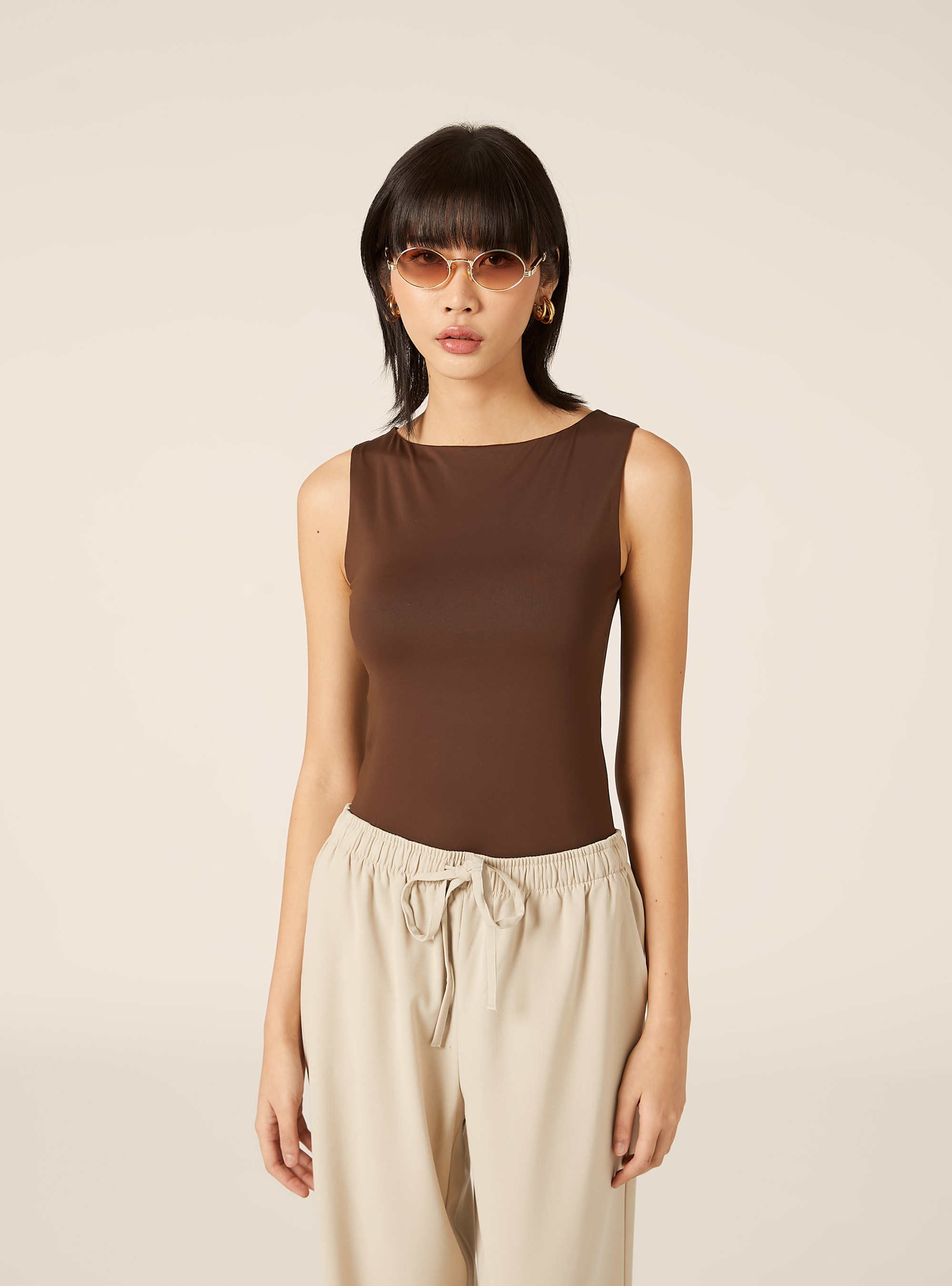 Body con scollo a barchetta, BR2 BROWN MEDIUM