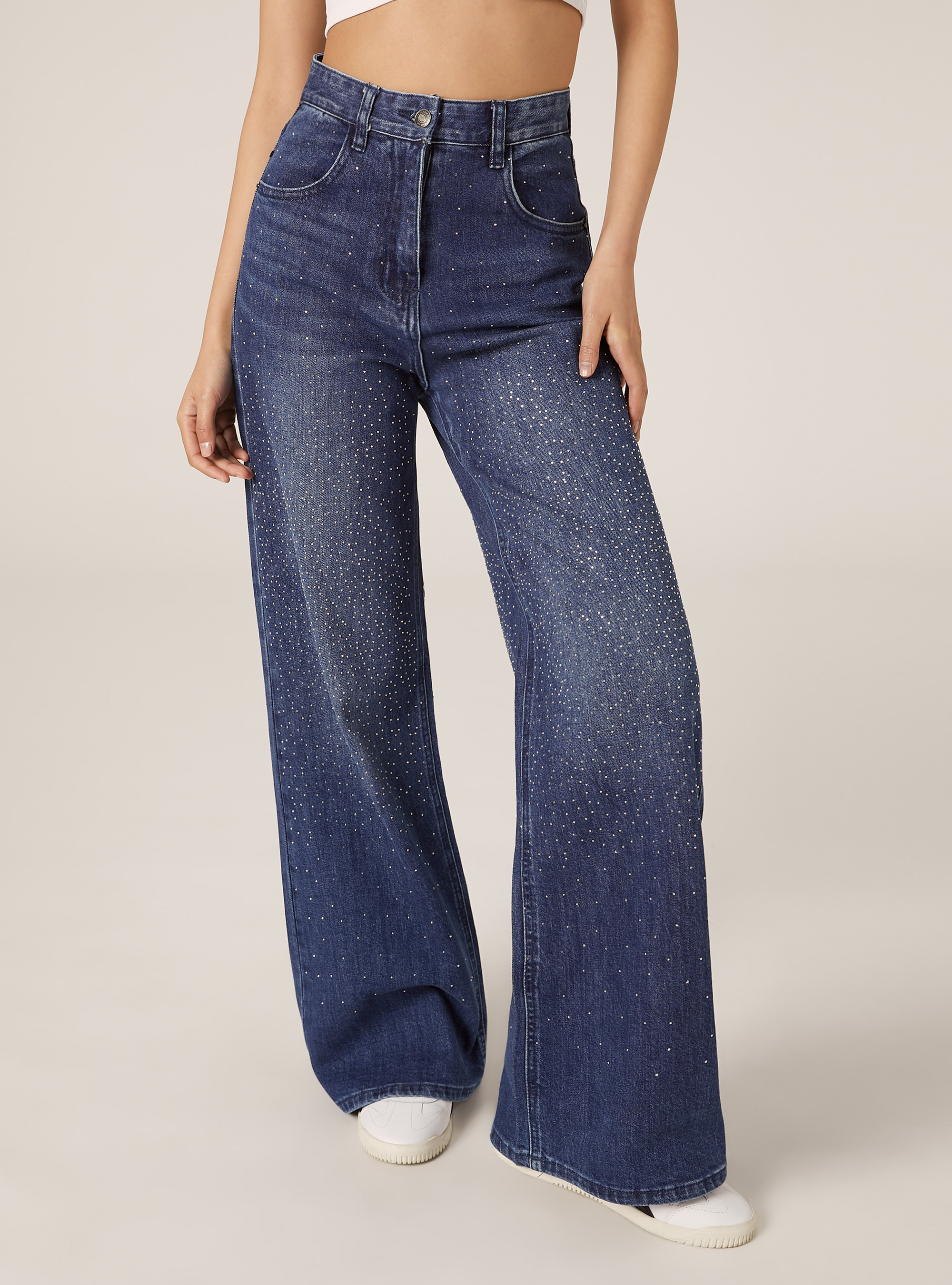 Jeans straight high rise con strass, D003 MEDIUM BLUE
