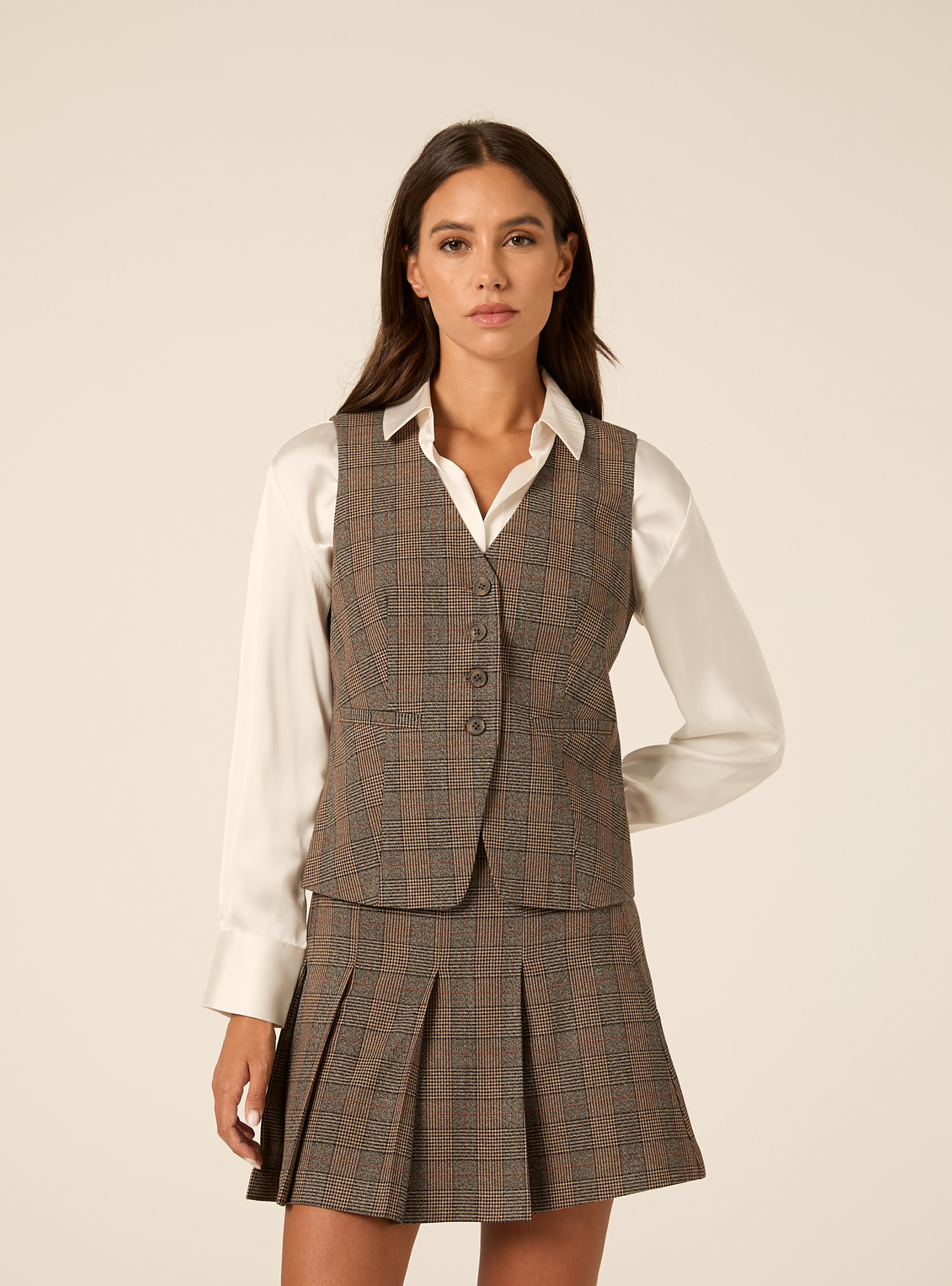 Chaleco sastre de un solo boton con estampado clasico, BG1 BEIGE DARK