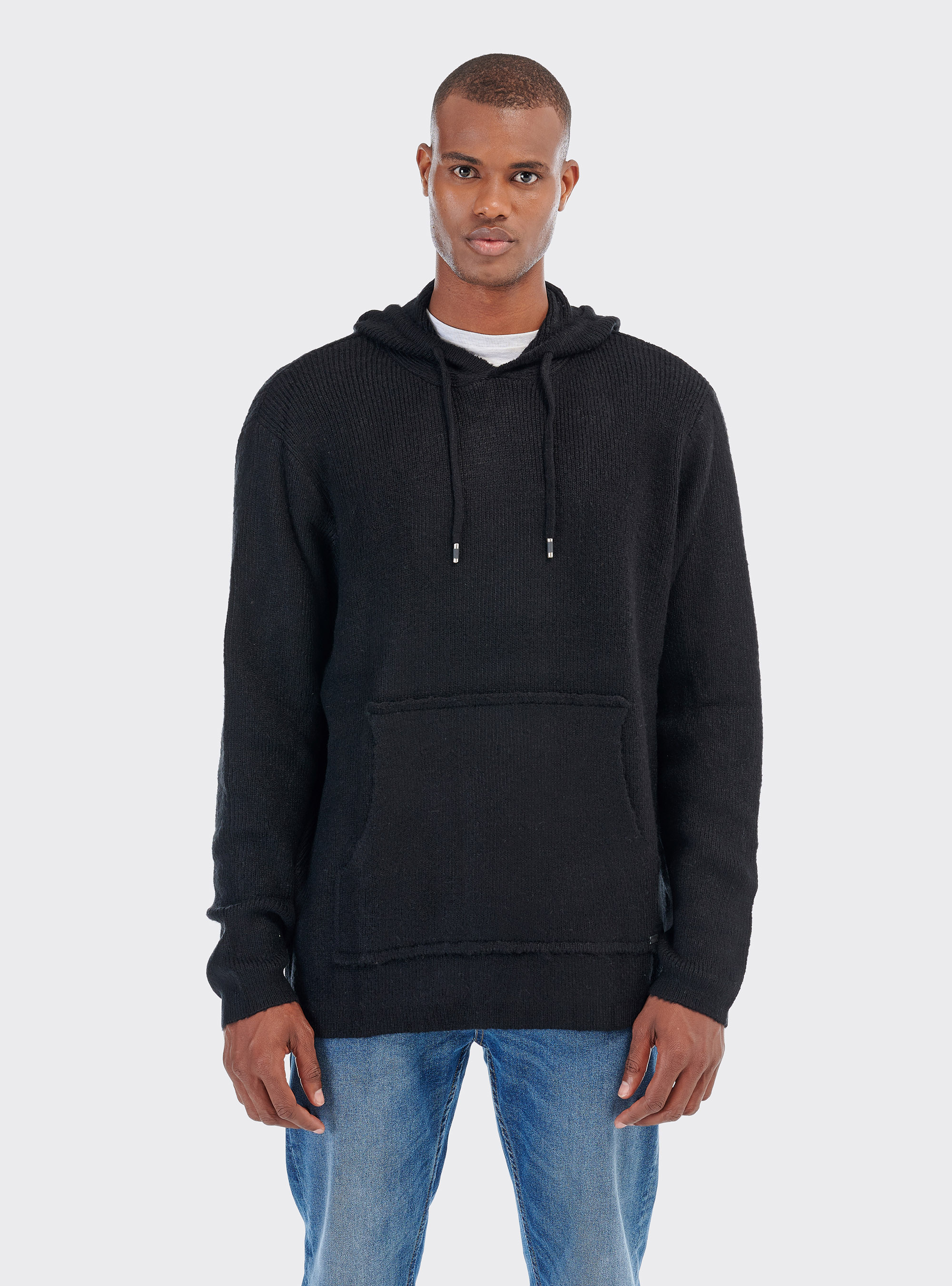 Pullover con cappuccio tasca canguro, NERO
