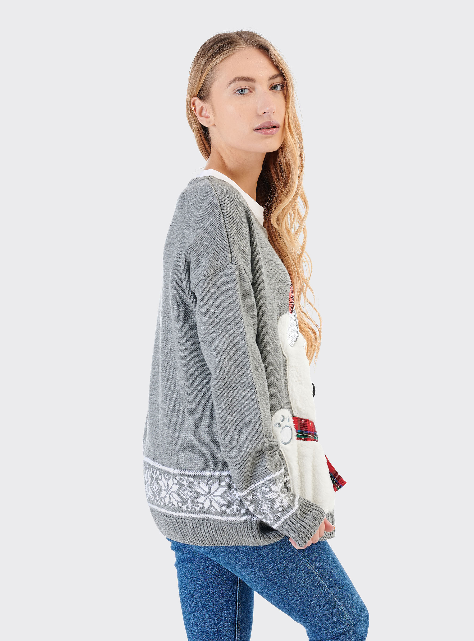 SUDADERA CUELLO REDONDO CON MOTIVOS NAVIDEÑOS, GRIS MELANGE