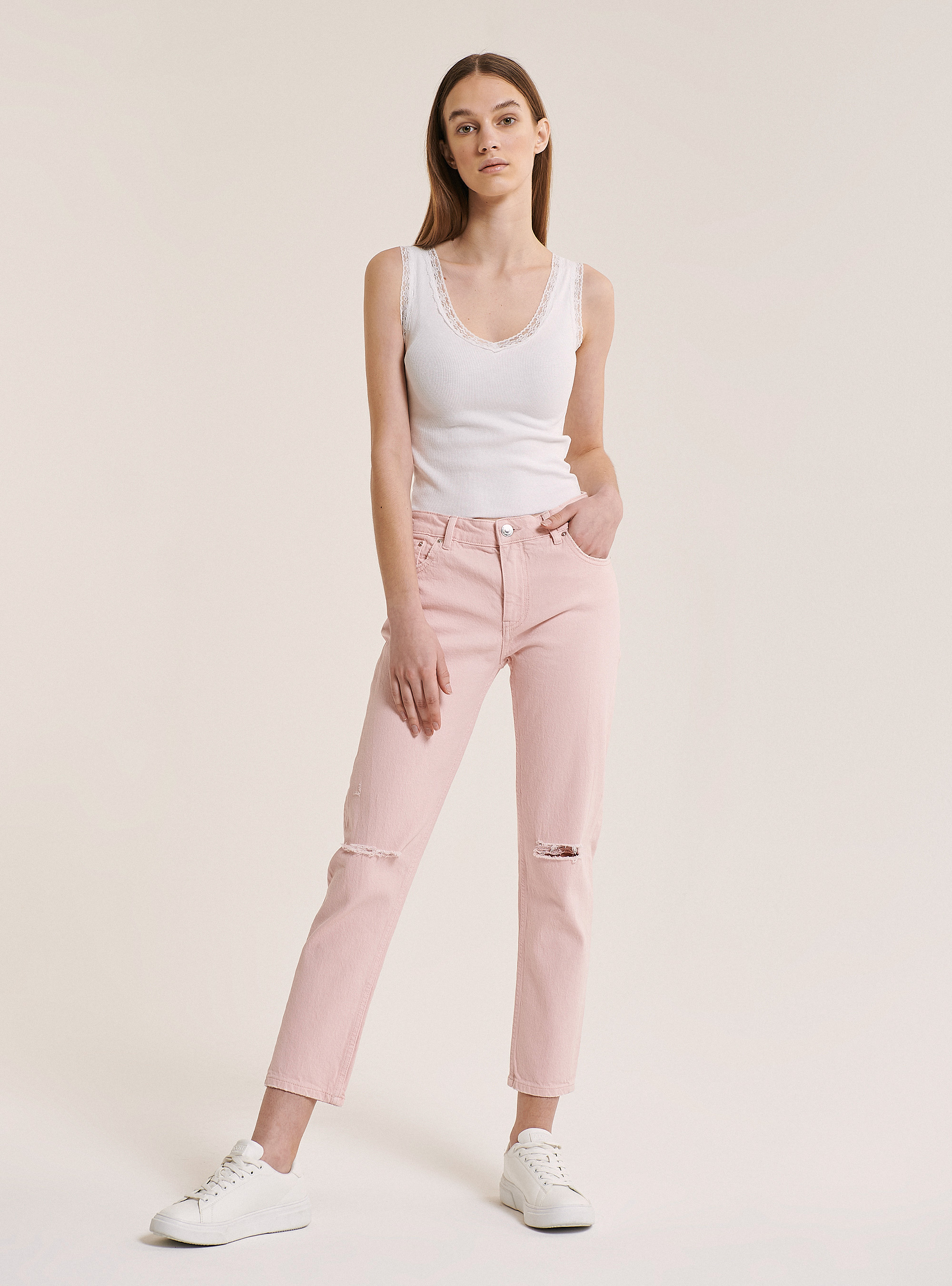 Pantalons twill stretch slim boyfriend, C5503 PINK