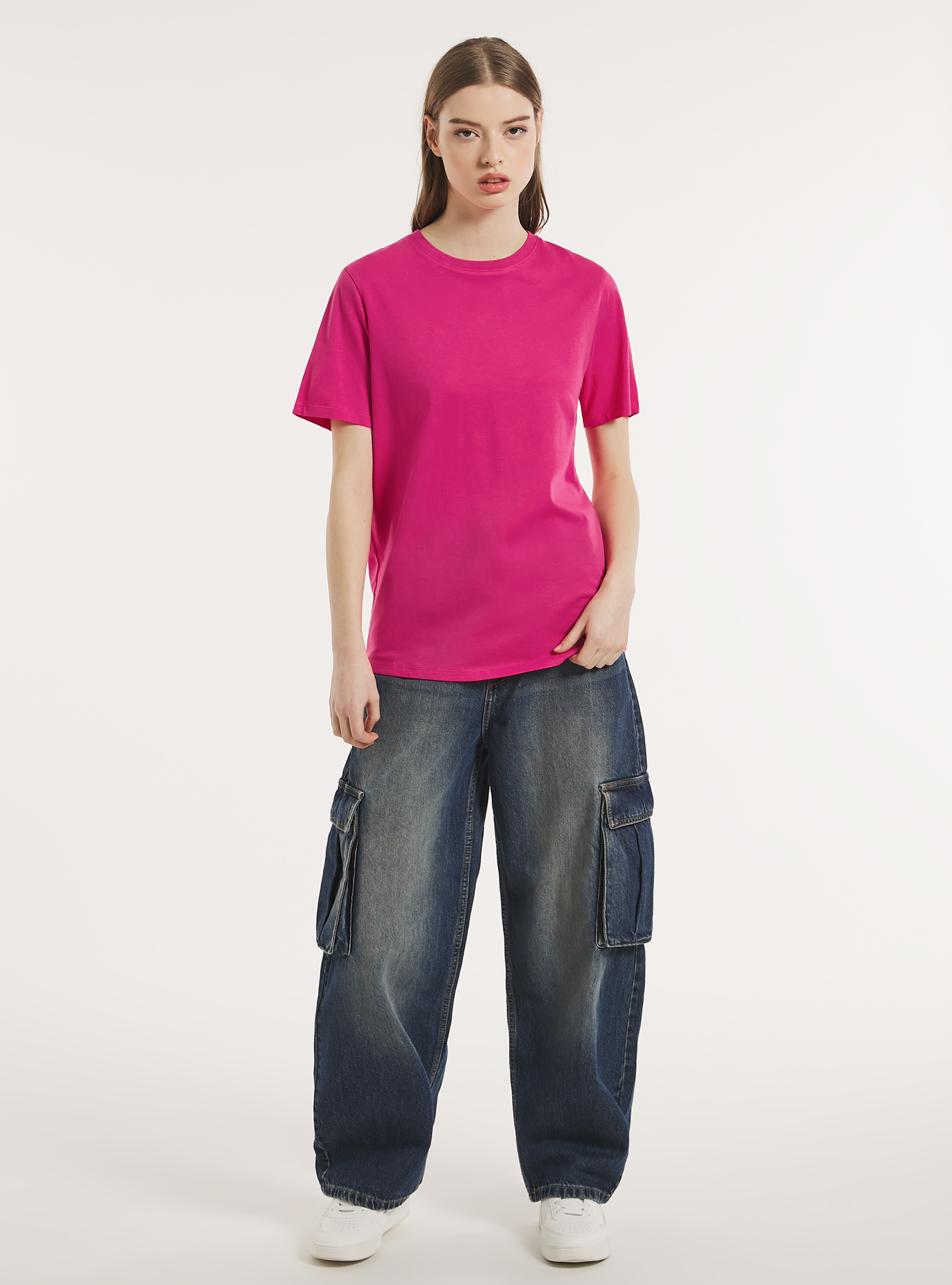 Camiseta de algod&oacute;n con cuello redondo, FX2 FUXIA MEDIUM