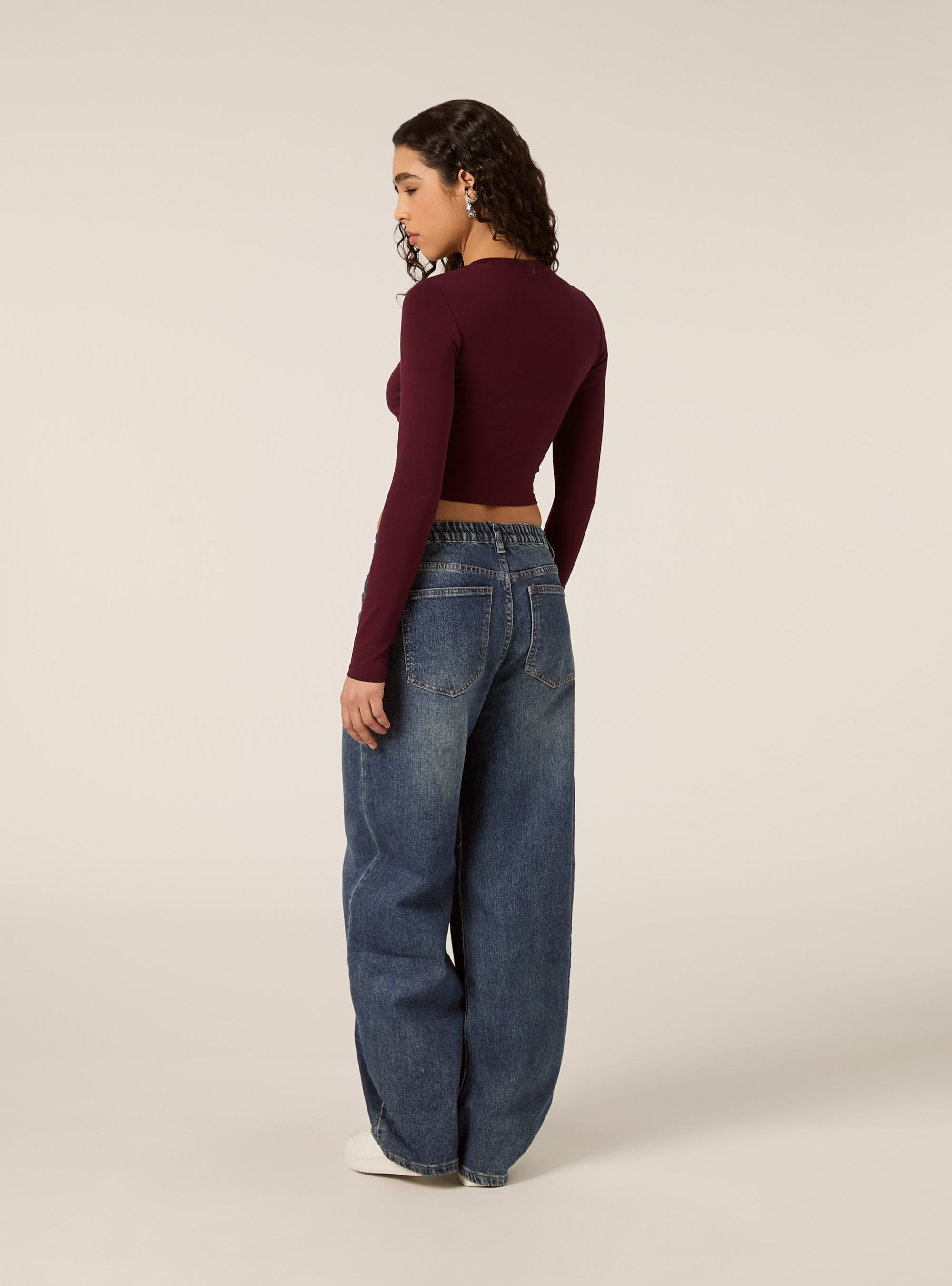 Maglietta cropped a maniche lunghe, BO1 BORDEAUX DARK