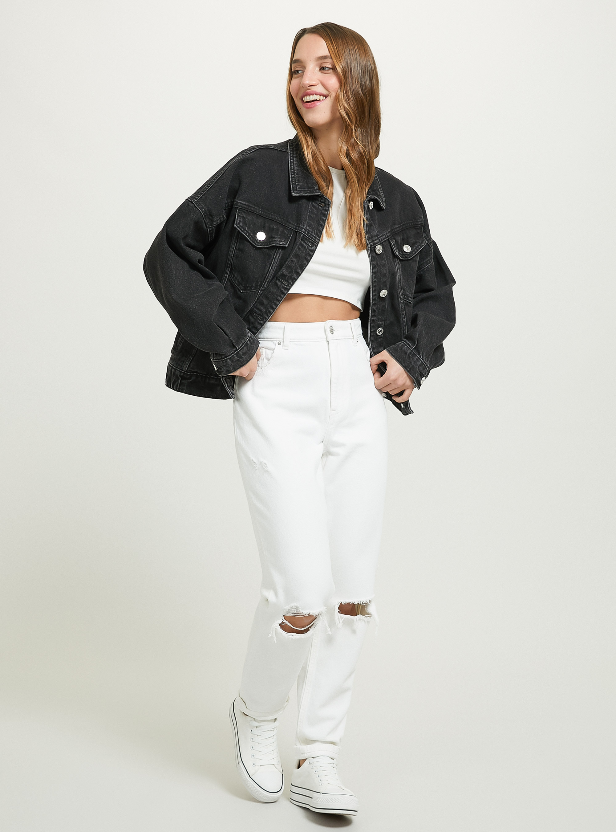 Denim jacket with elasticated waist, D000 BLACK