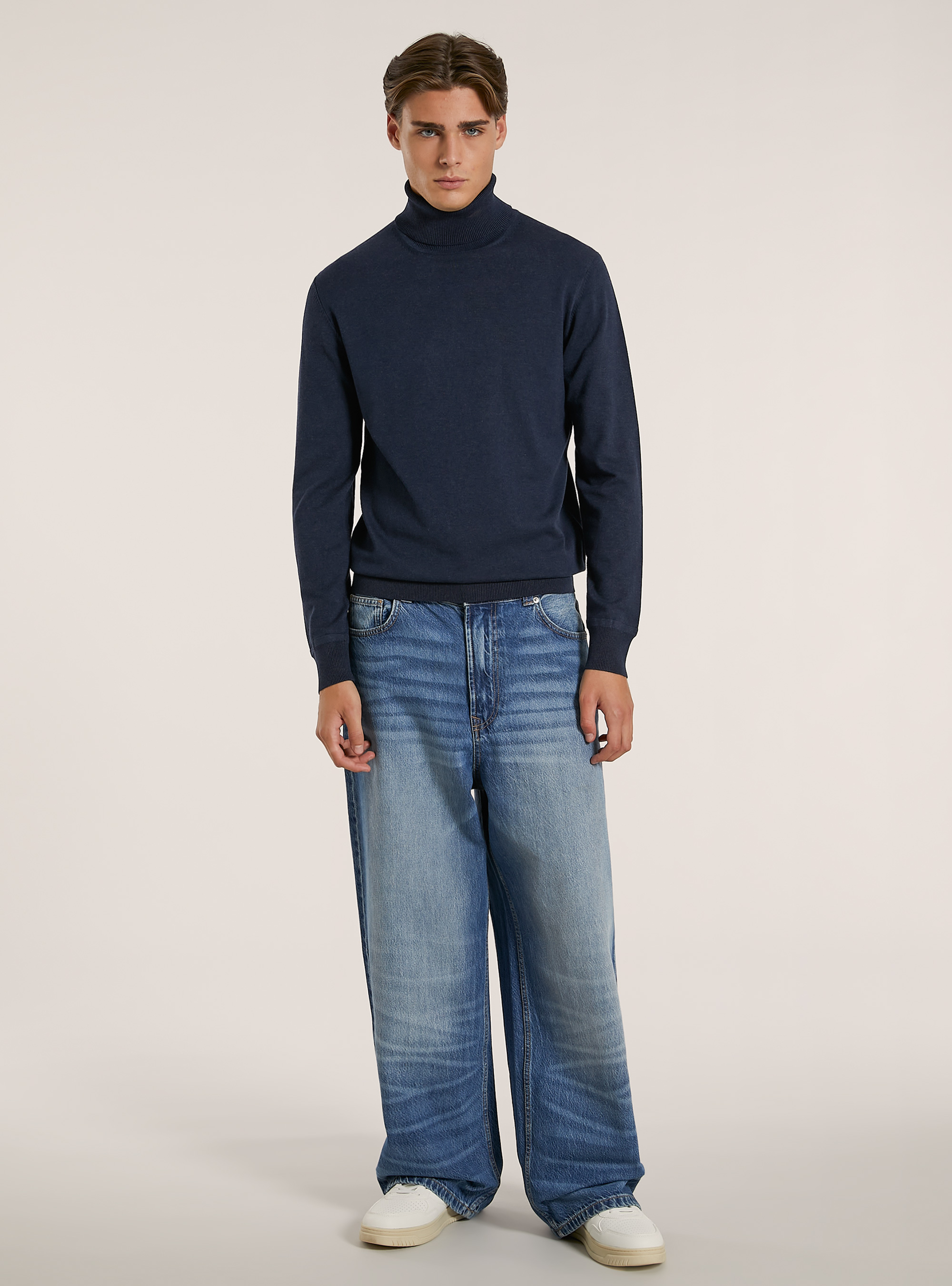 Pullover collo alto in viscosa, MNA2 NAVY MEL MED