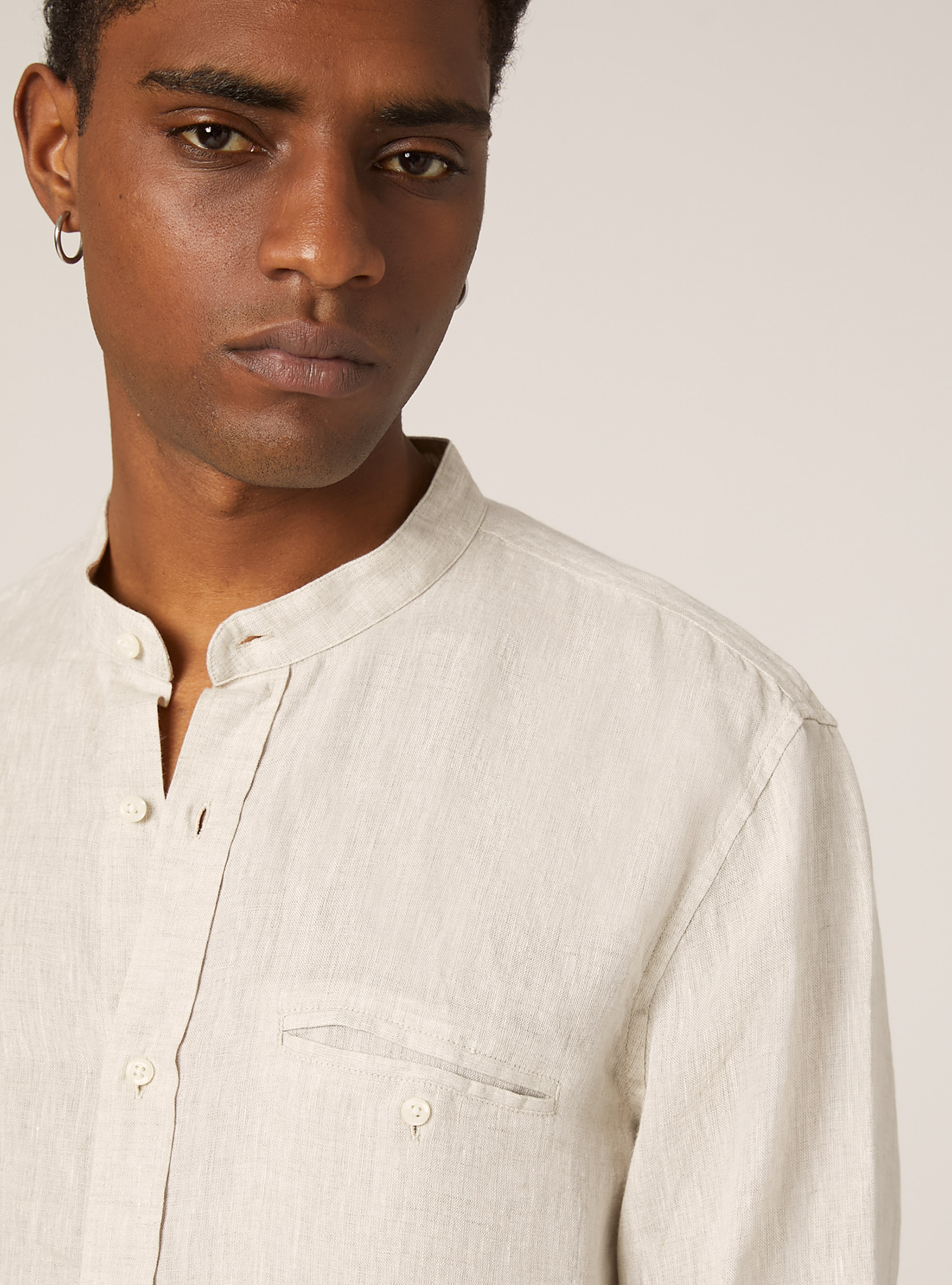 Camisa de lino puro con cuello coreano, BG3 BEIGE LIGHT