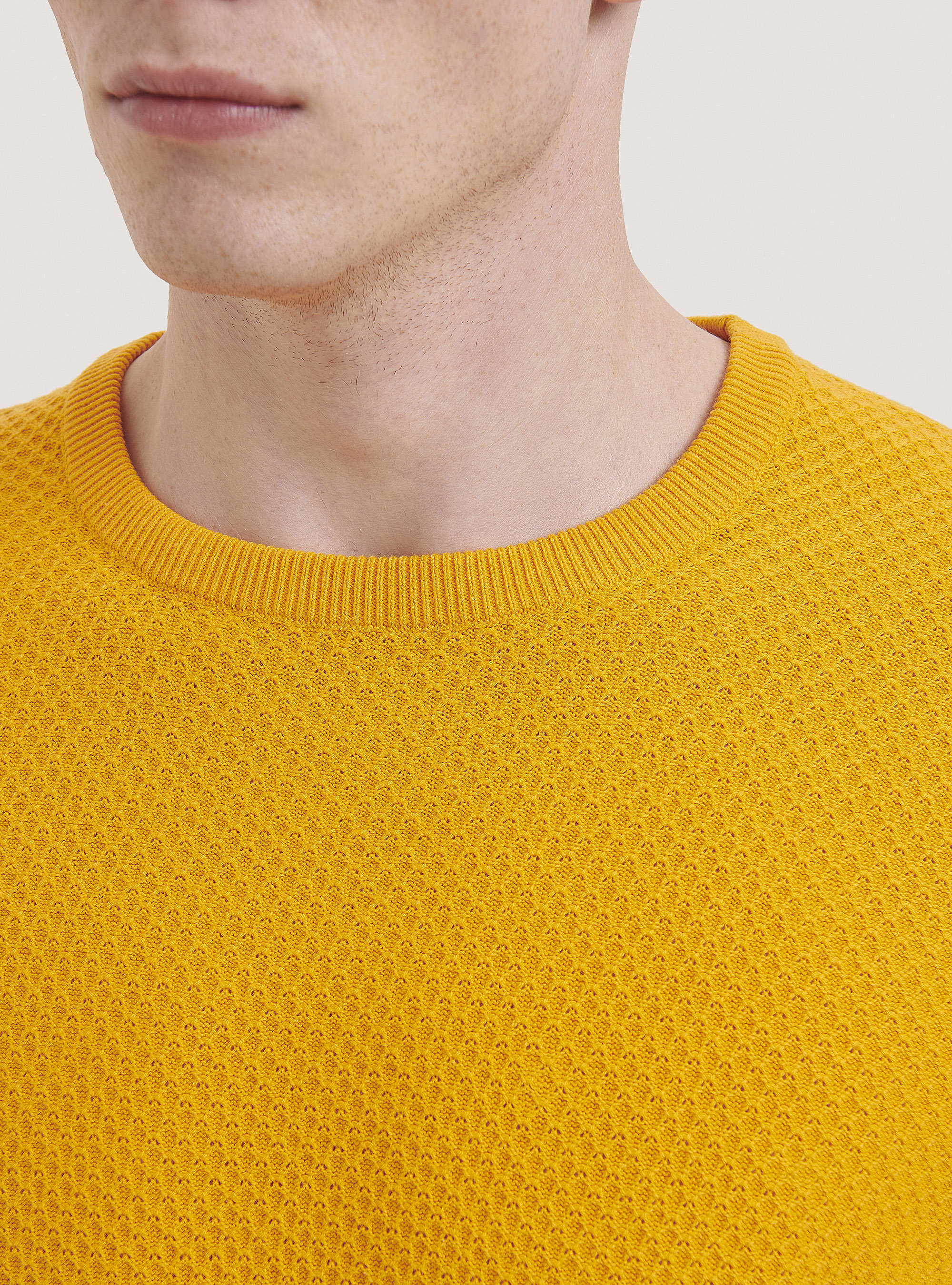 Jersey de cuello redondo con textura de nido de abeja, C734 SENAPE