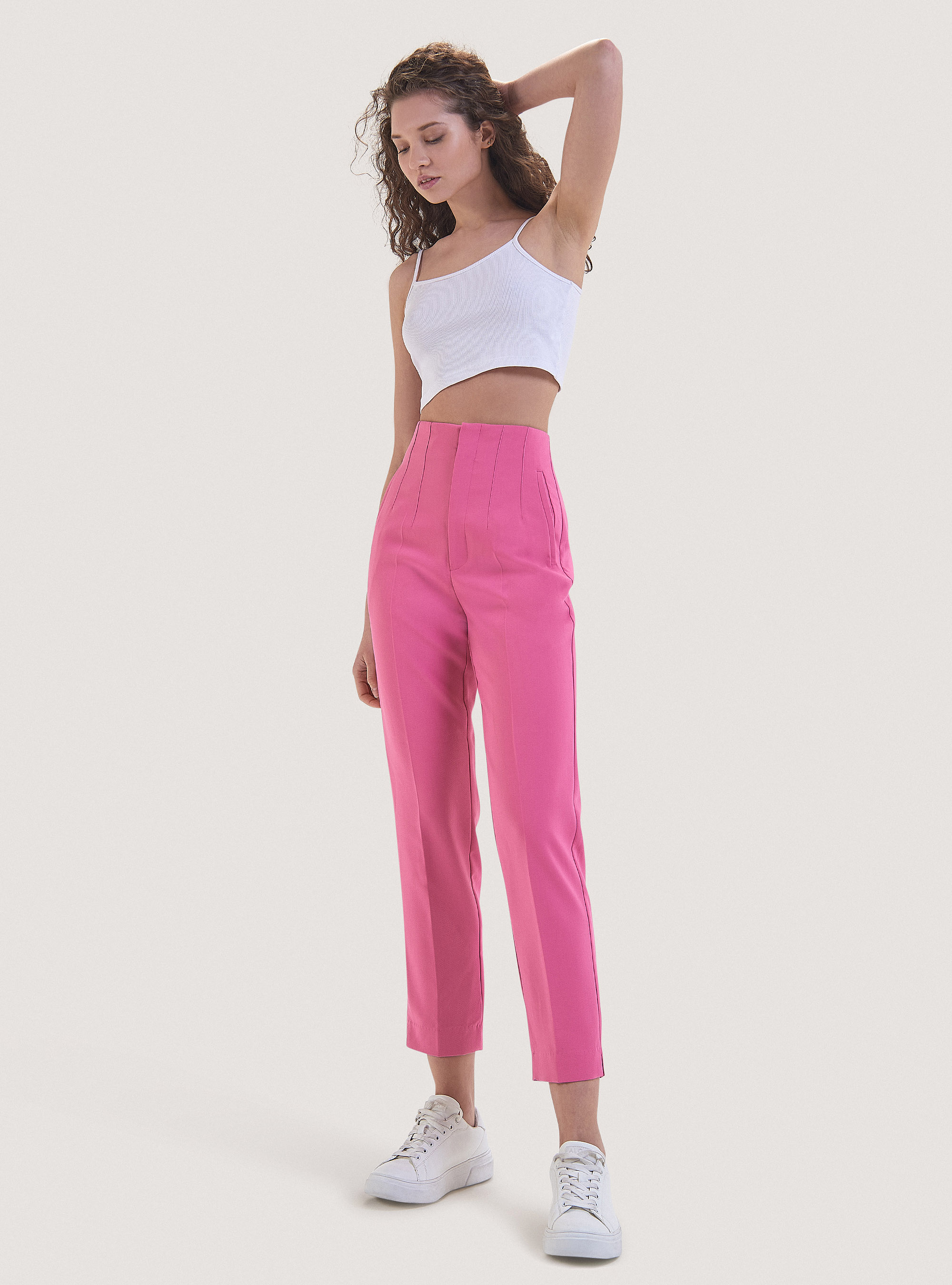 Plain-coloured trousers with darts, PK2 PINK MEDIUM