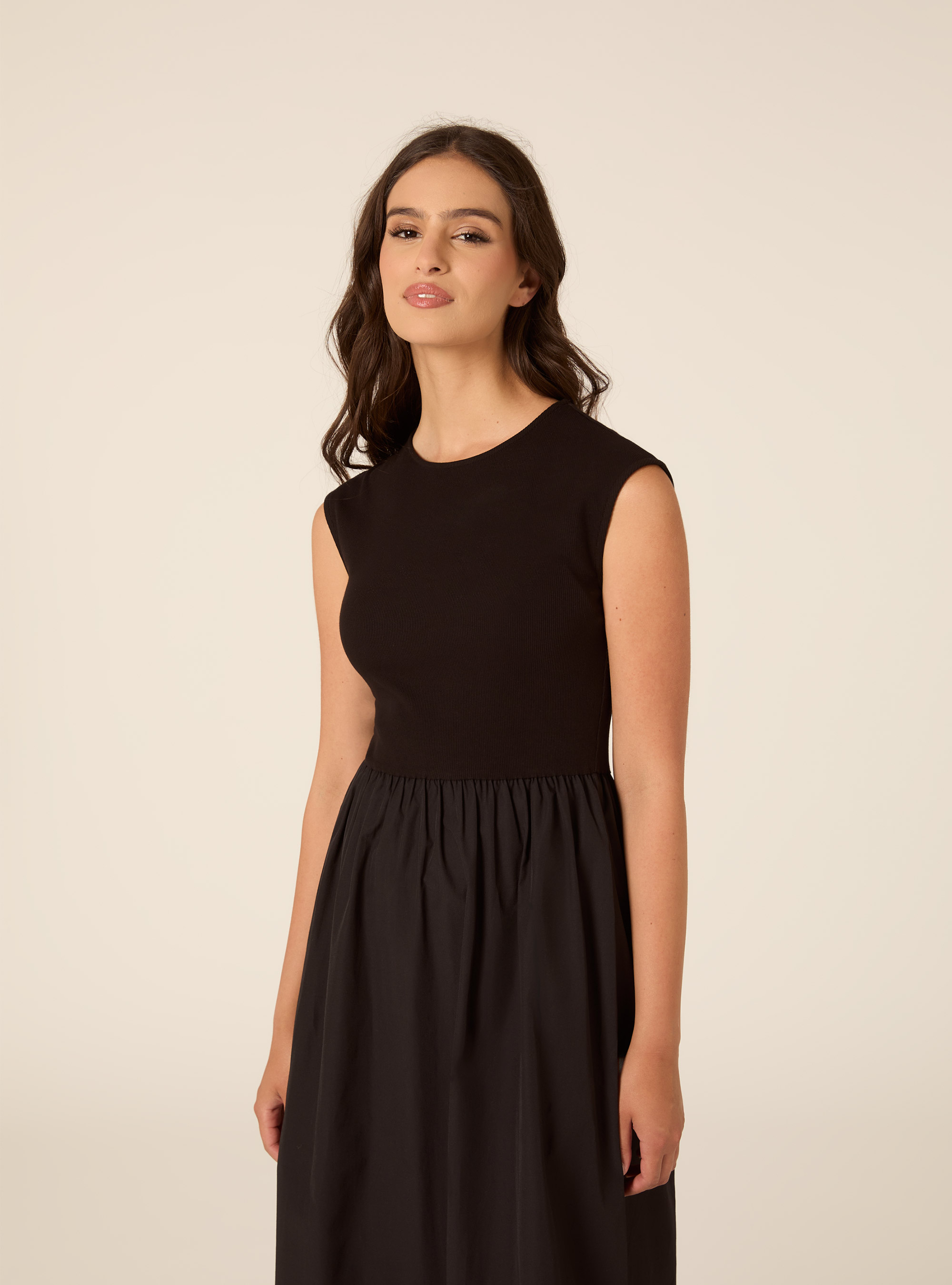 Robe Midi Bi-Mati&egrave;re Sans Manches &agrave; Rayures, BK1 BLACK