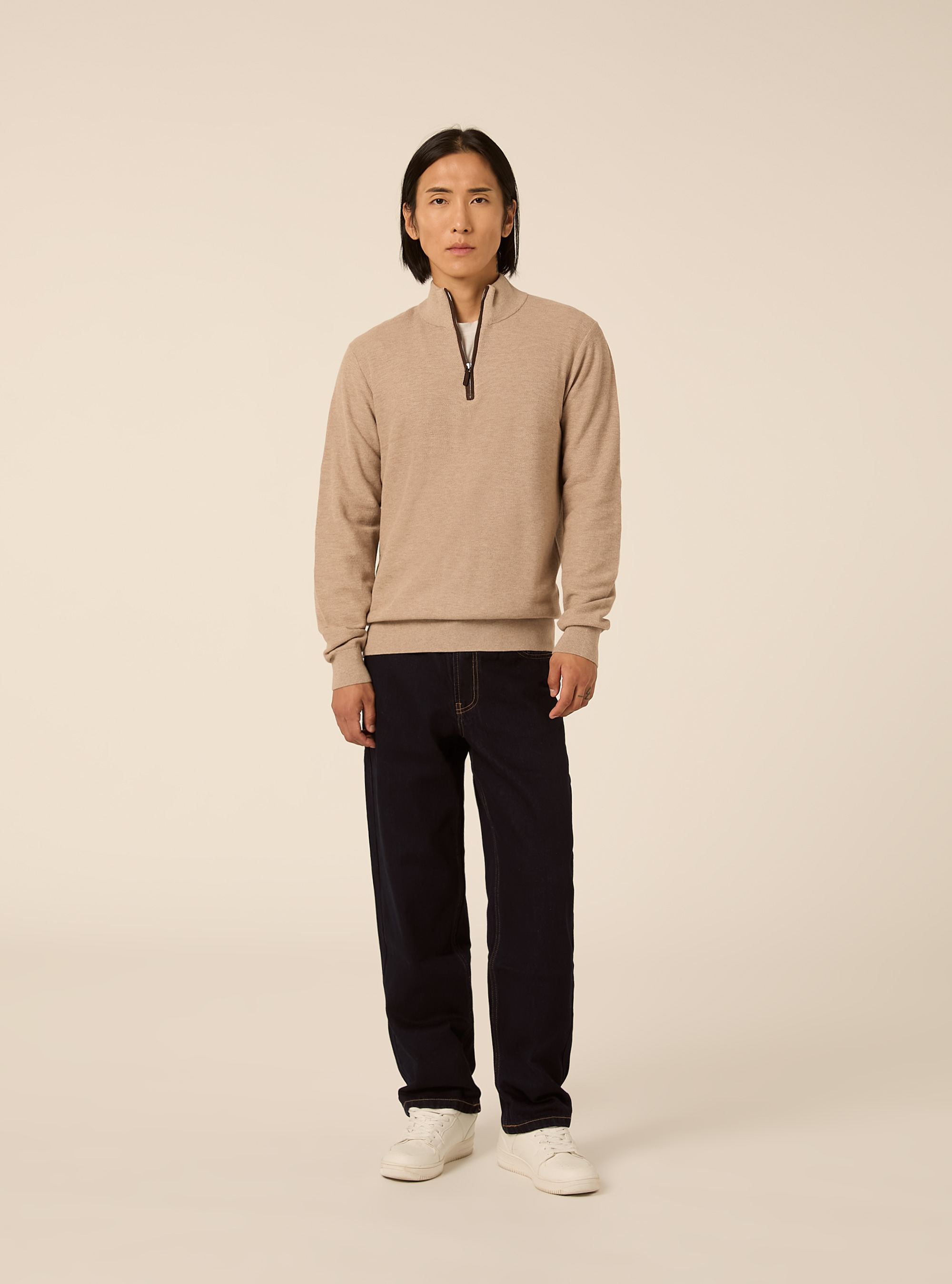 Pullover a mezza zip in misto cashmere, BEIGE CHIARO MELANGE