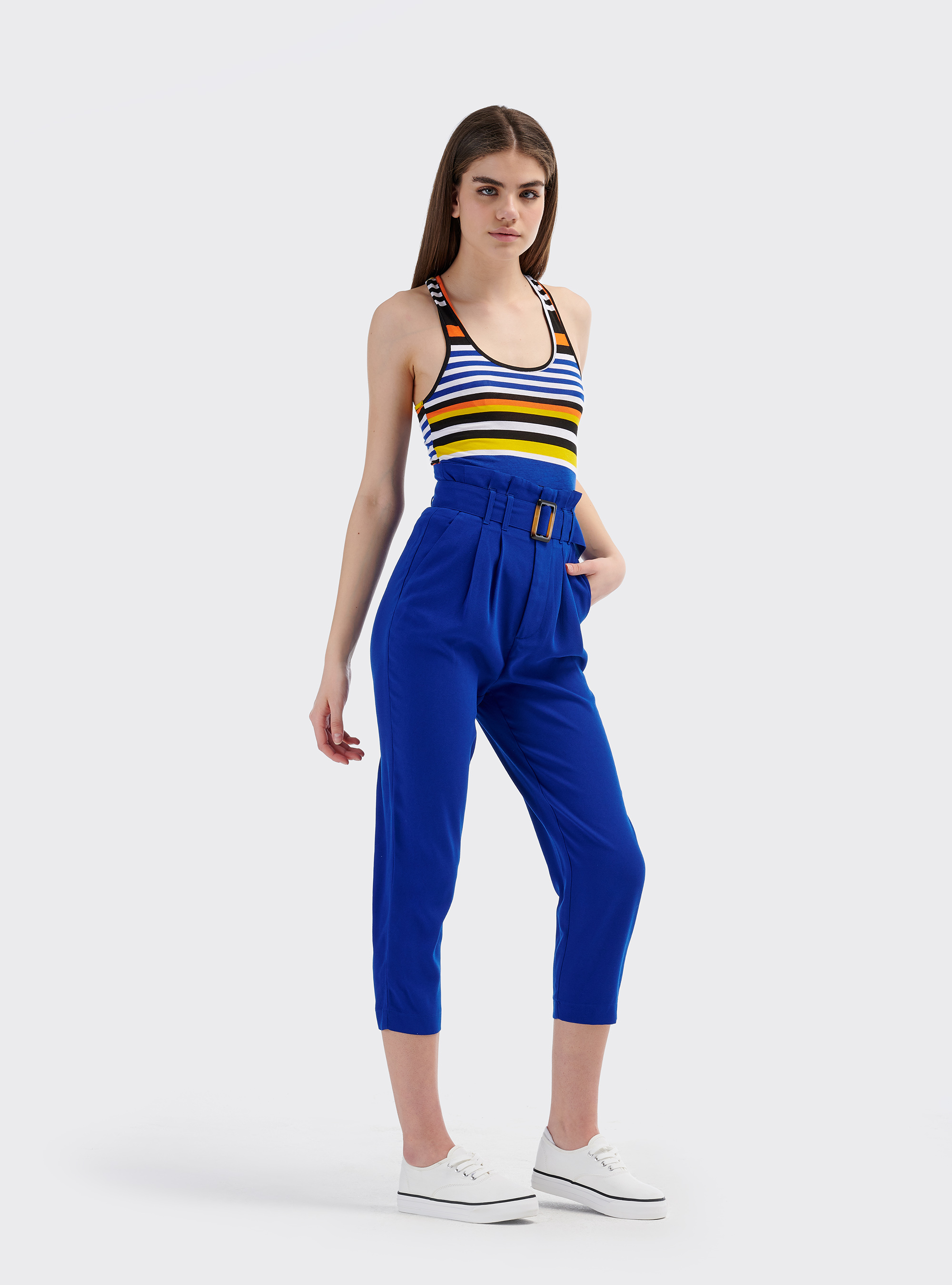 Top stretch fit stampa a righe con scollo americano sul retro, MULTICOLORE