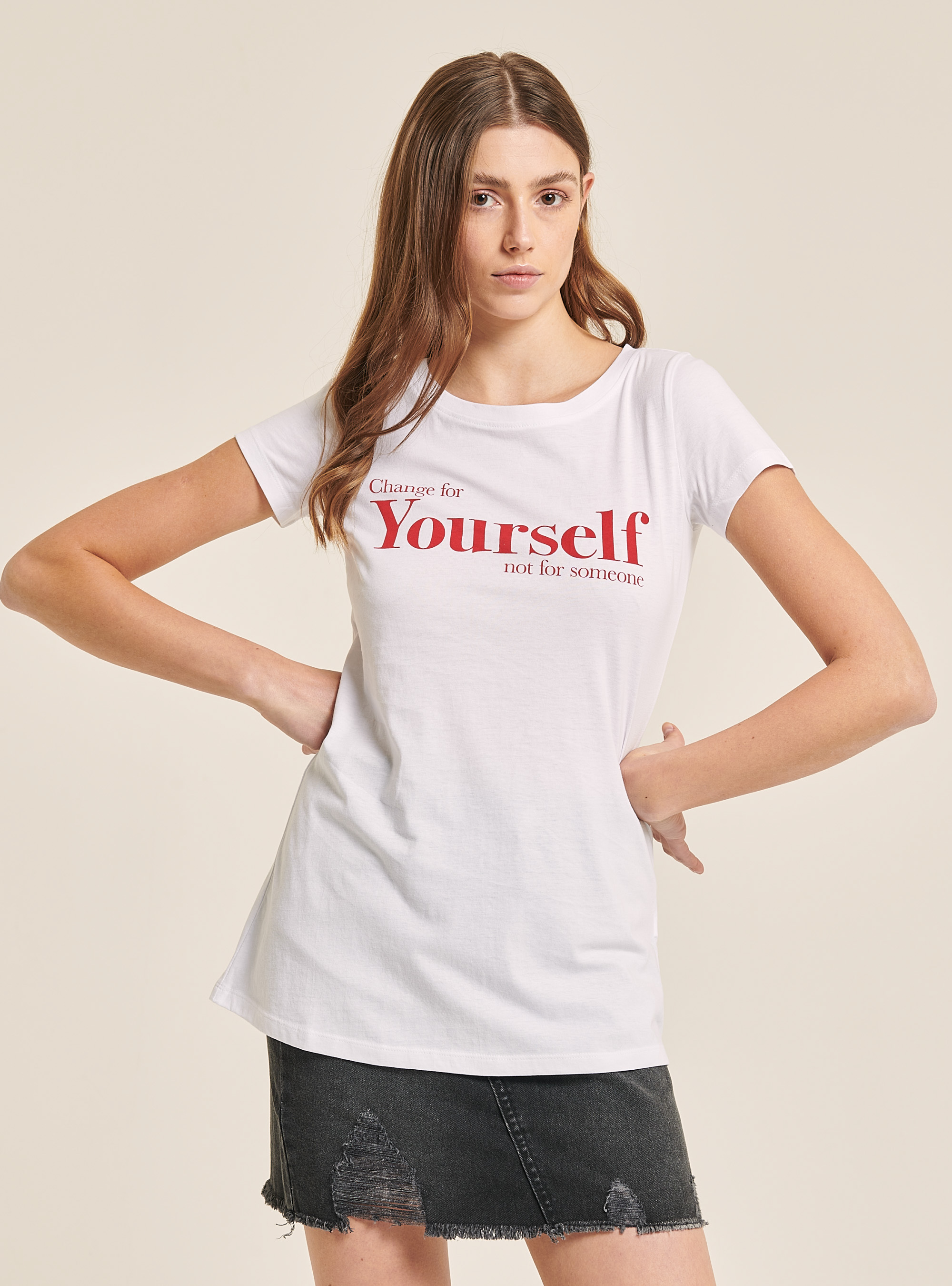 Cotton T-shirt with printed slogan, WHITE