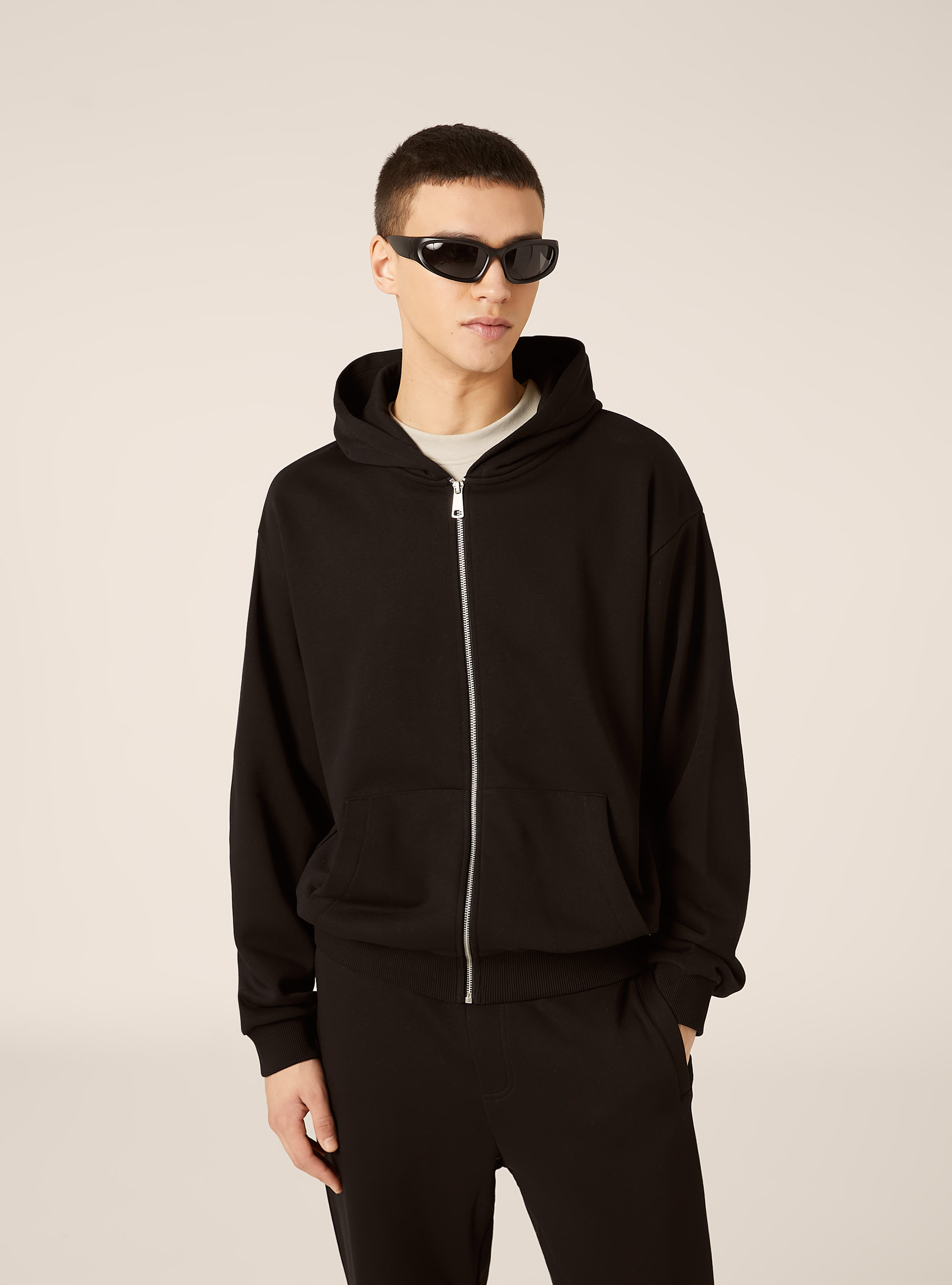 Sweat &agrave; capuche et fermeture &eacute;clair, coupe boxy, BK1 BLACK