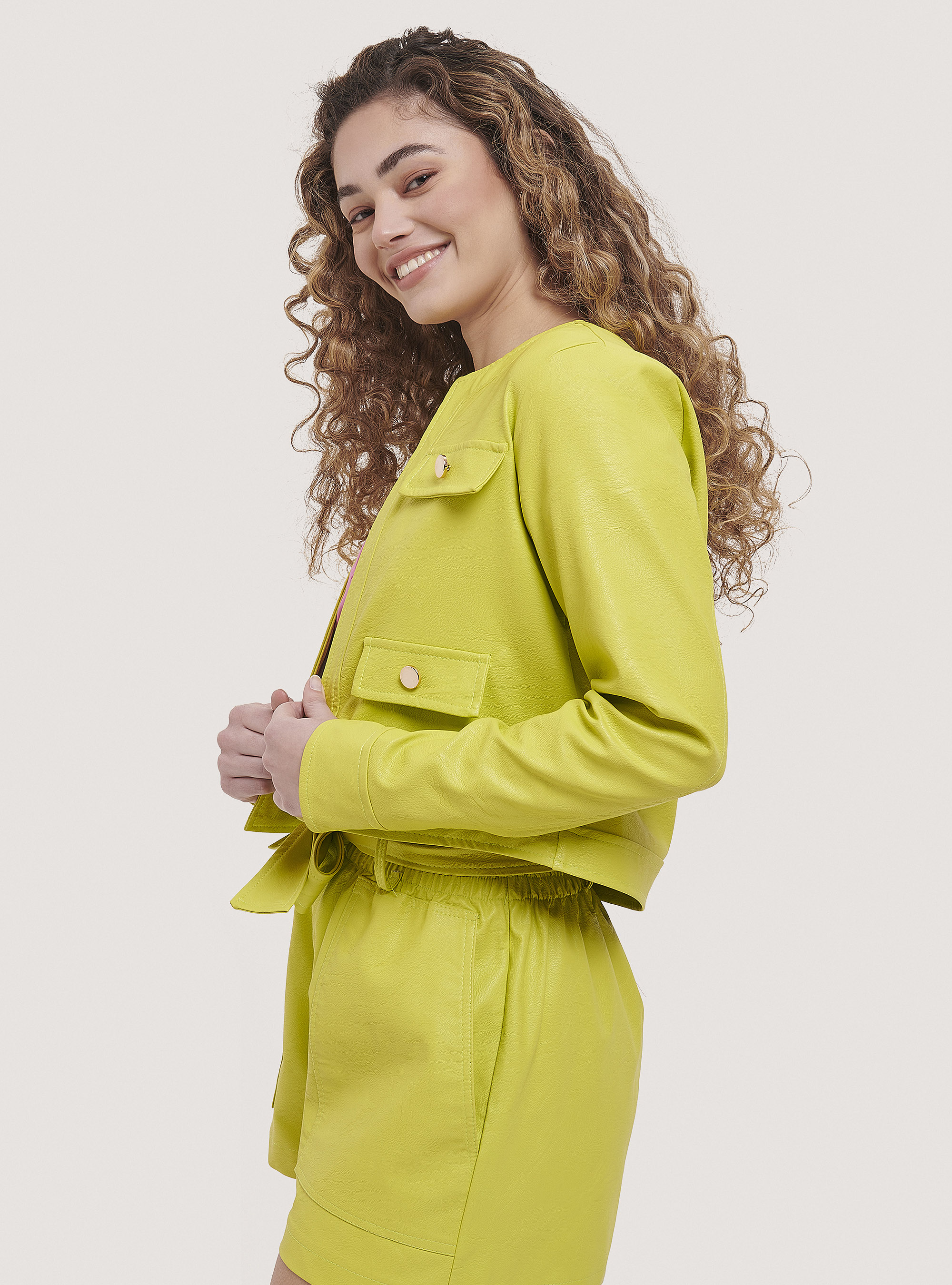 Cropped faux leather jacket with buttons, C7752 LIME