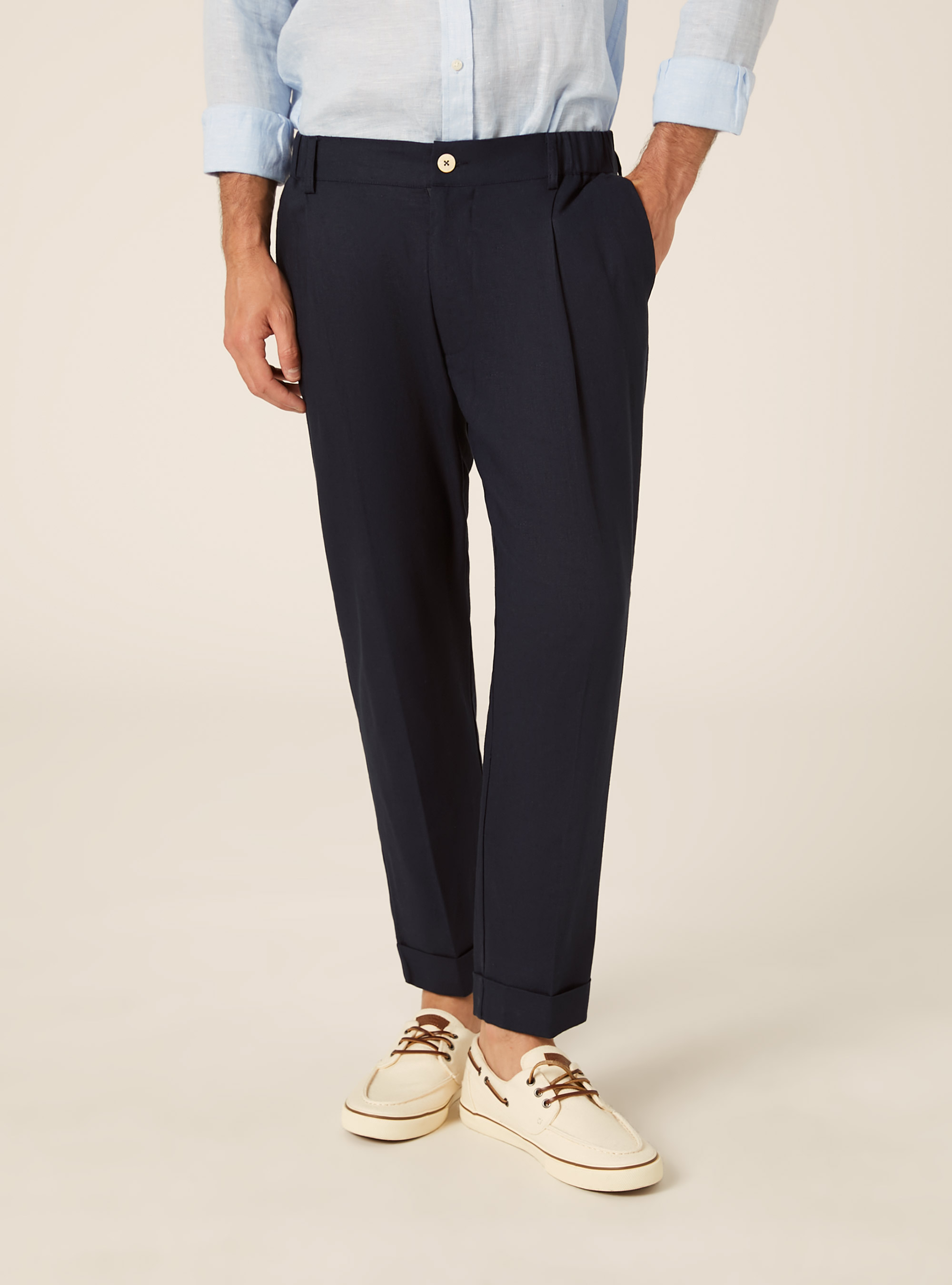 Pantaloni una pince misto lino, NA1 NAVY DARK