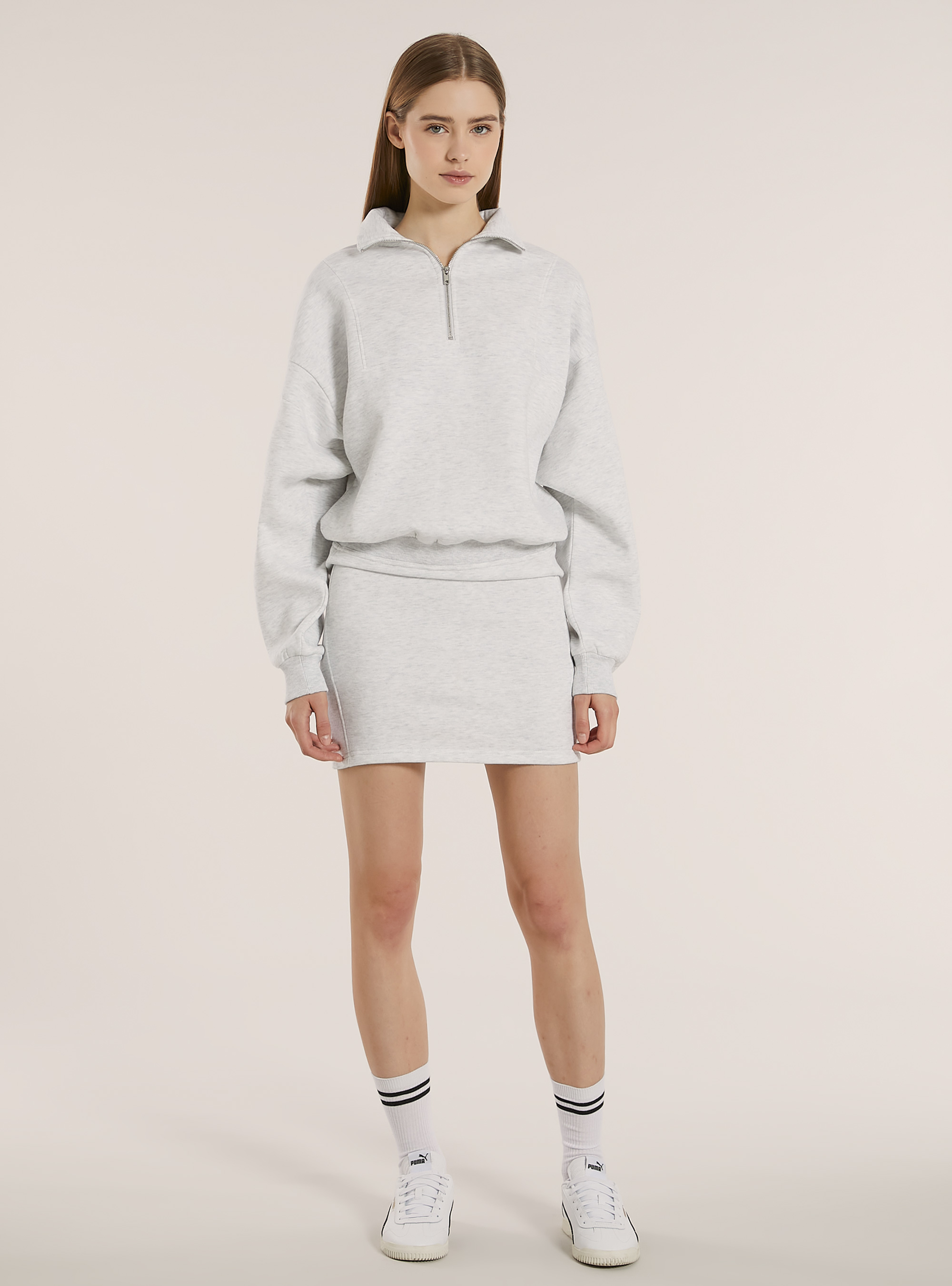 Vestido de forro polar con cuello de media cremallera, MGY3 GREY MEL LIGHT