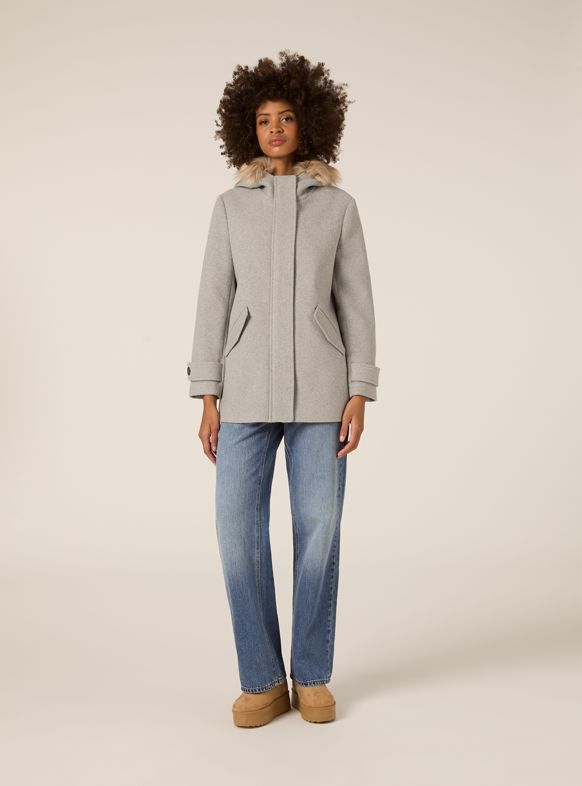 Manteau à capuche fourré, MGY3 GREY MEL LIGHT