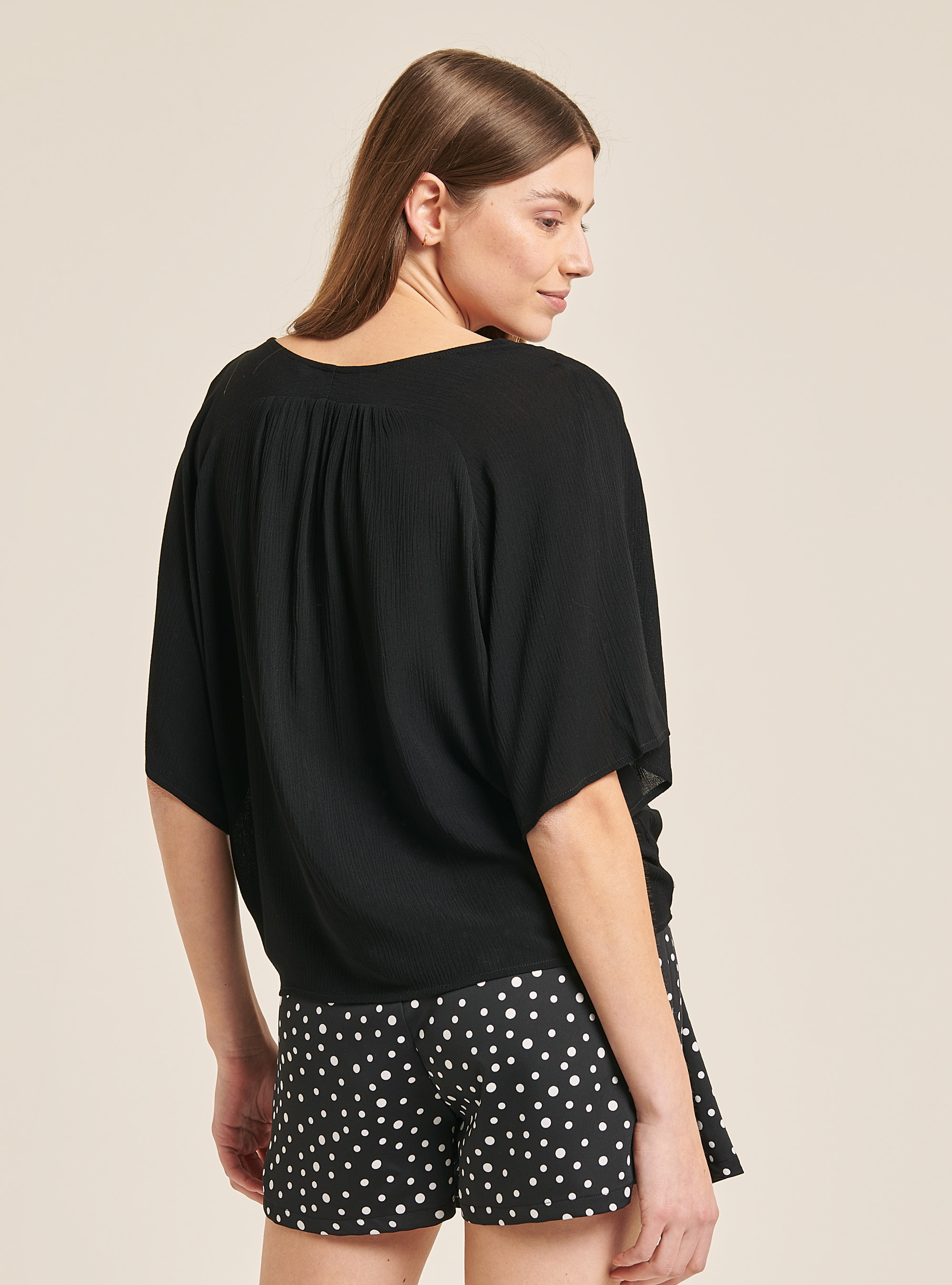 Chemisier col v couleur unie, C101 BLACK