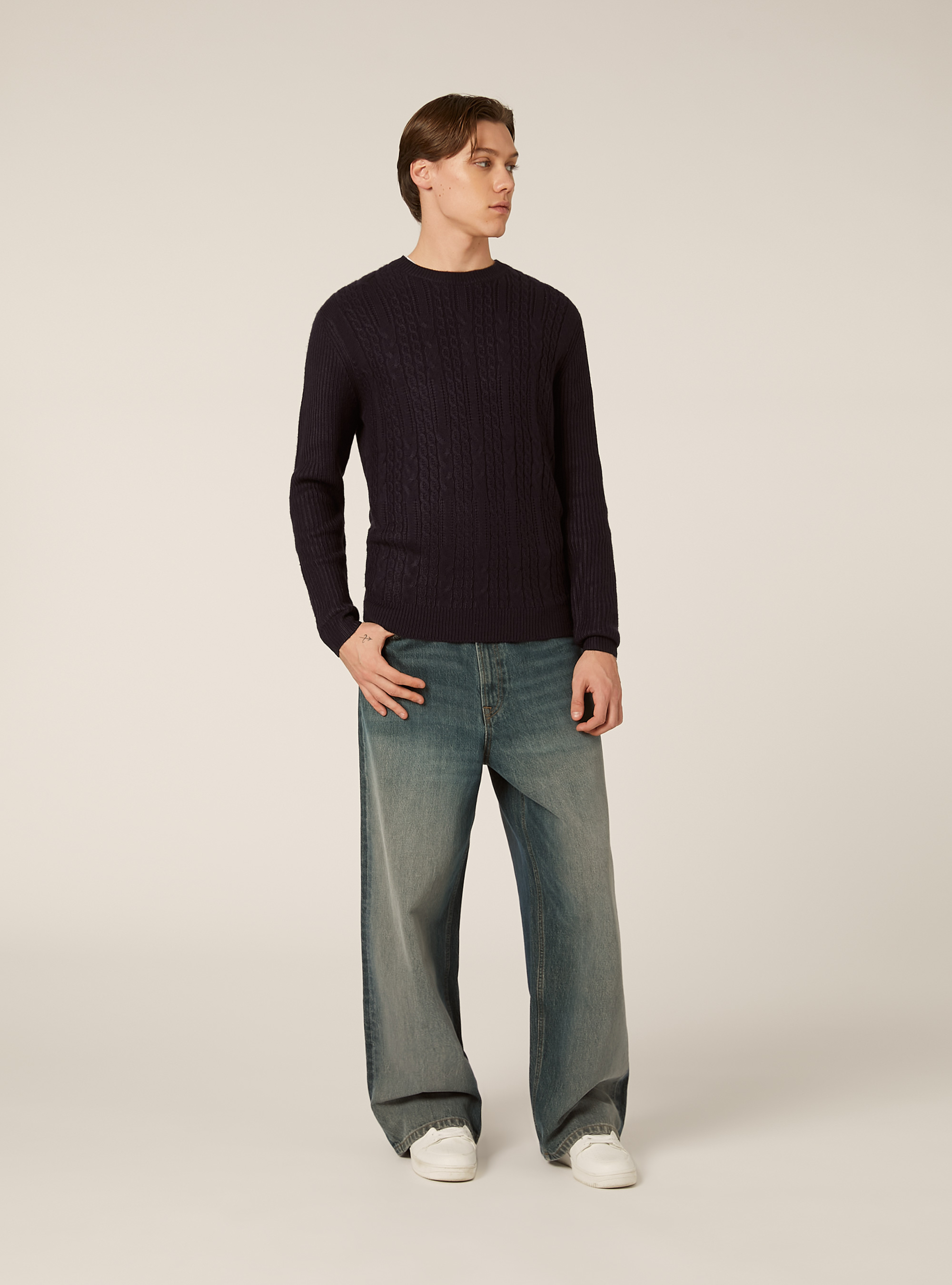 Maglione girocollo trecce, BL2 BLUE MEDIUM