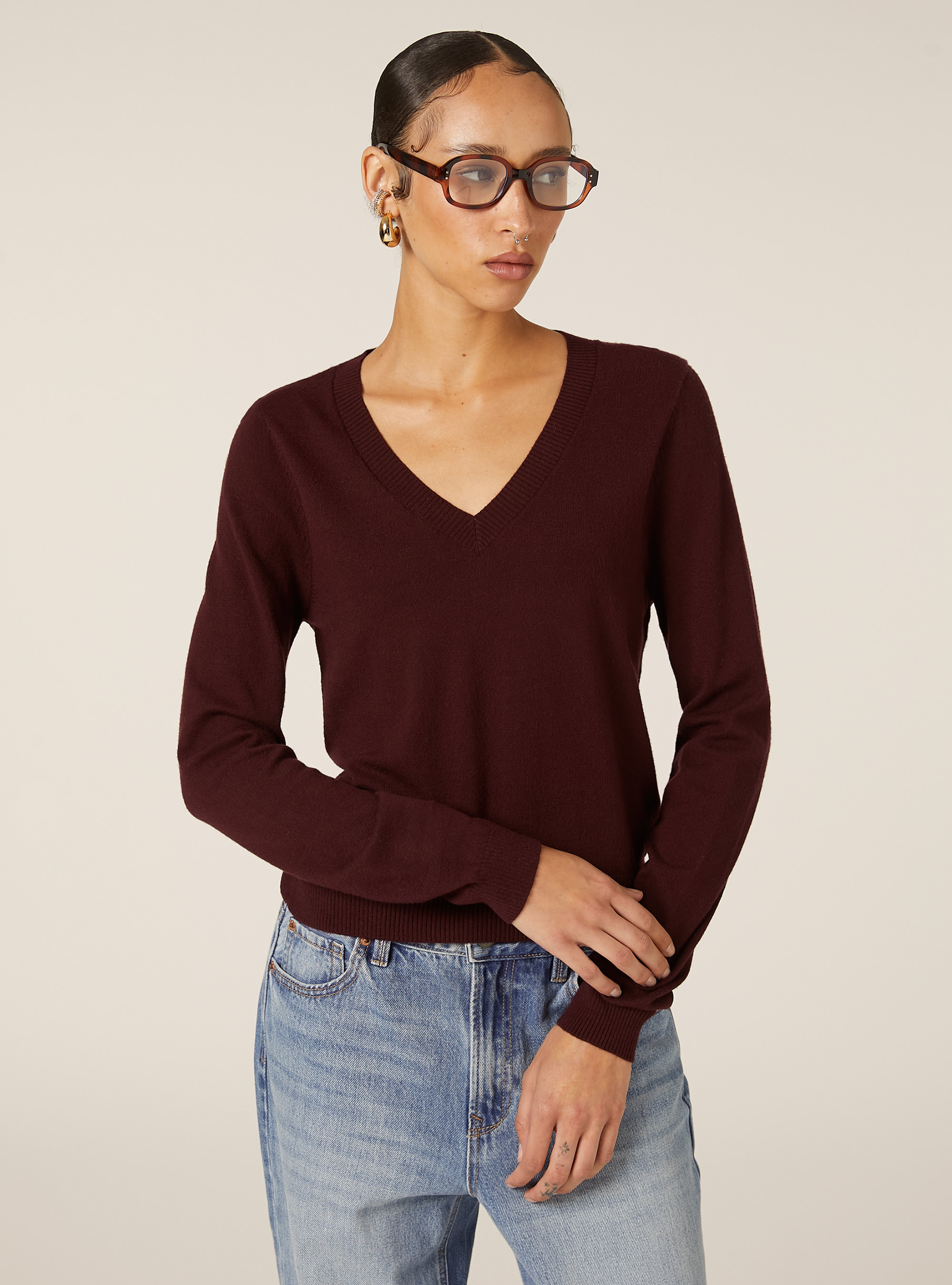Boxy fit V-neck pullover, BO1 BORDEAUX DARK