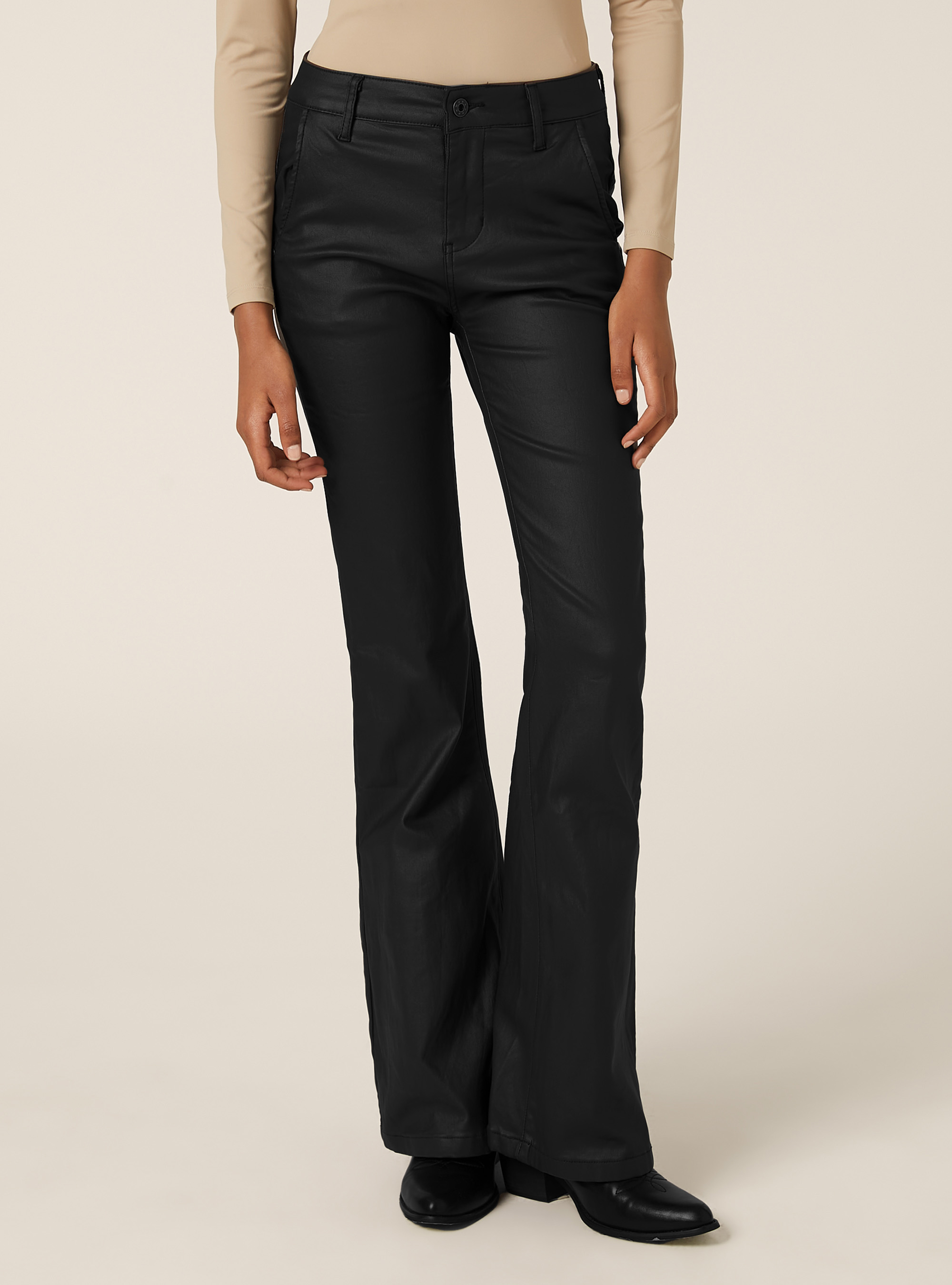 Pantaloni ecopelle flare, BK1 BLACK