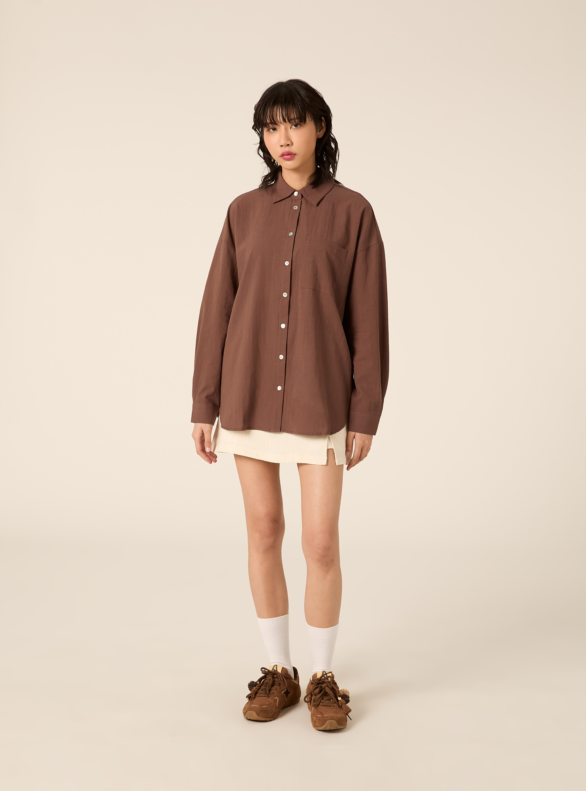 Camicia oversize con tasca, MARRONE MEDIO