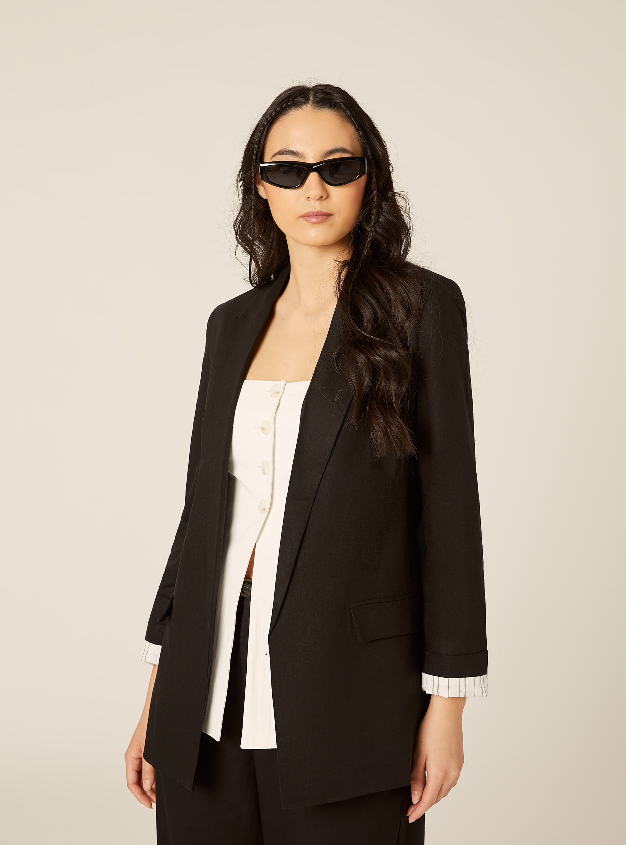 Blazer aperto misto lino, BK1 BLACK