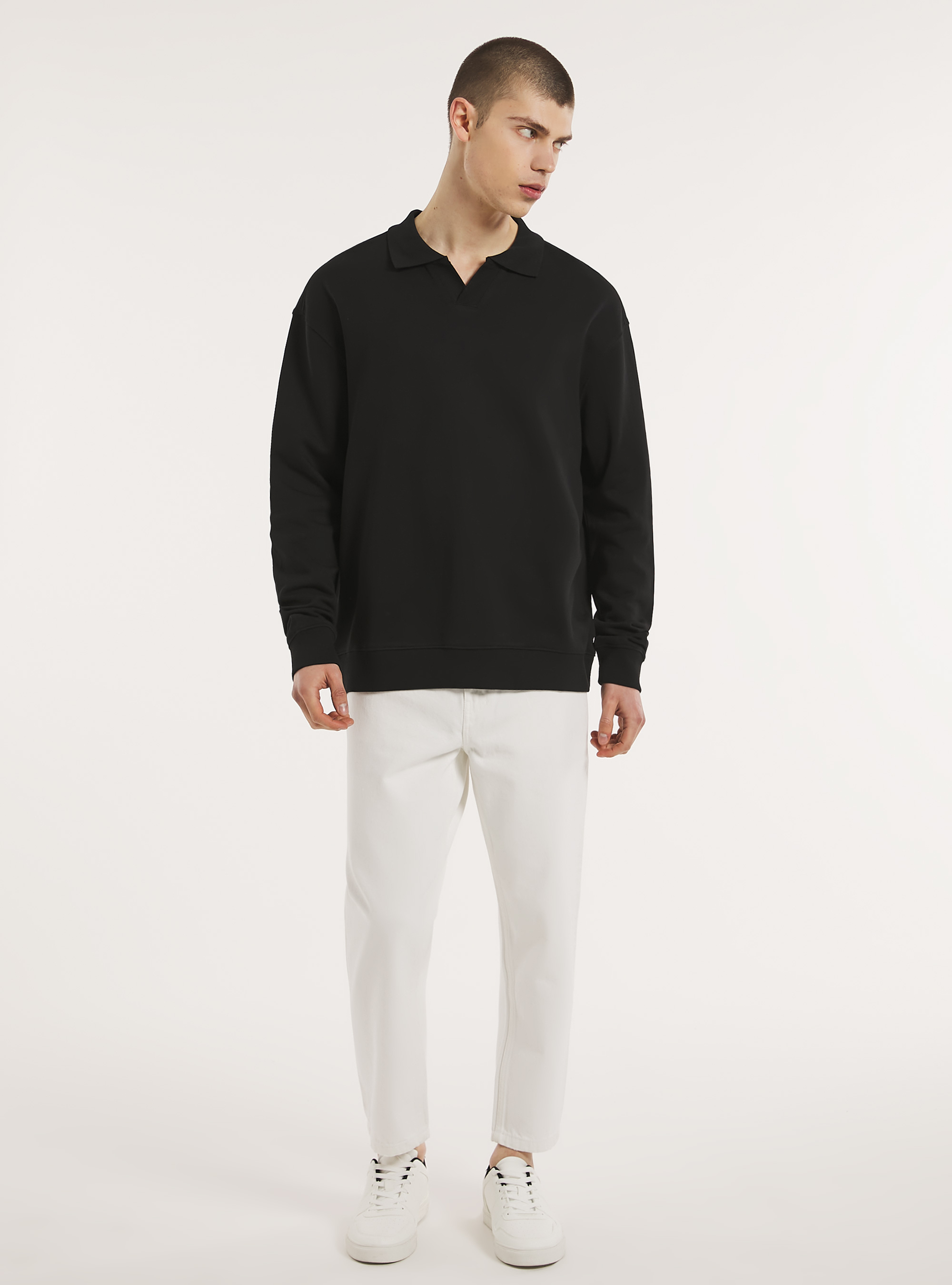 Sudadera de algodón con cuello de polo, BK1 BLACK