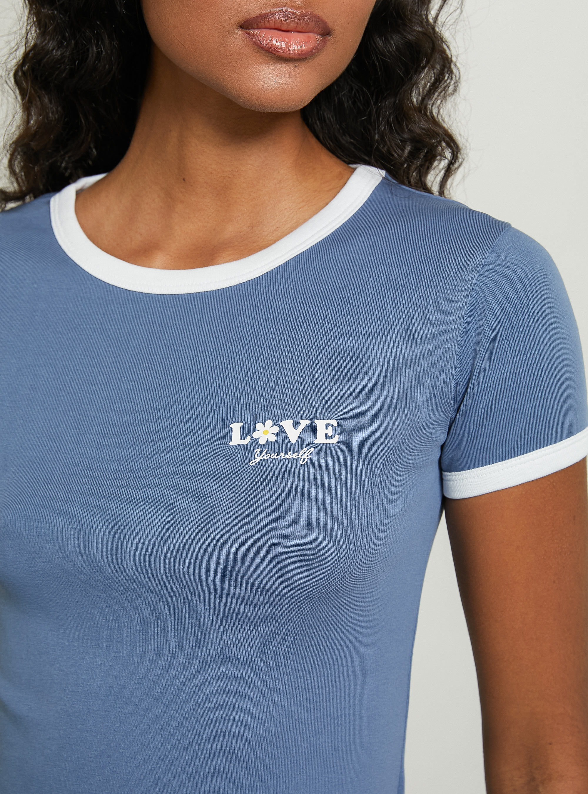 T-shirt with print and contrasting piping, C1238 AZZURRE