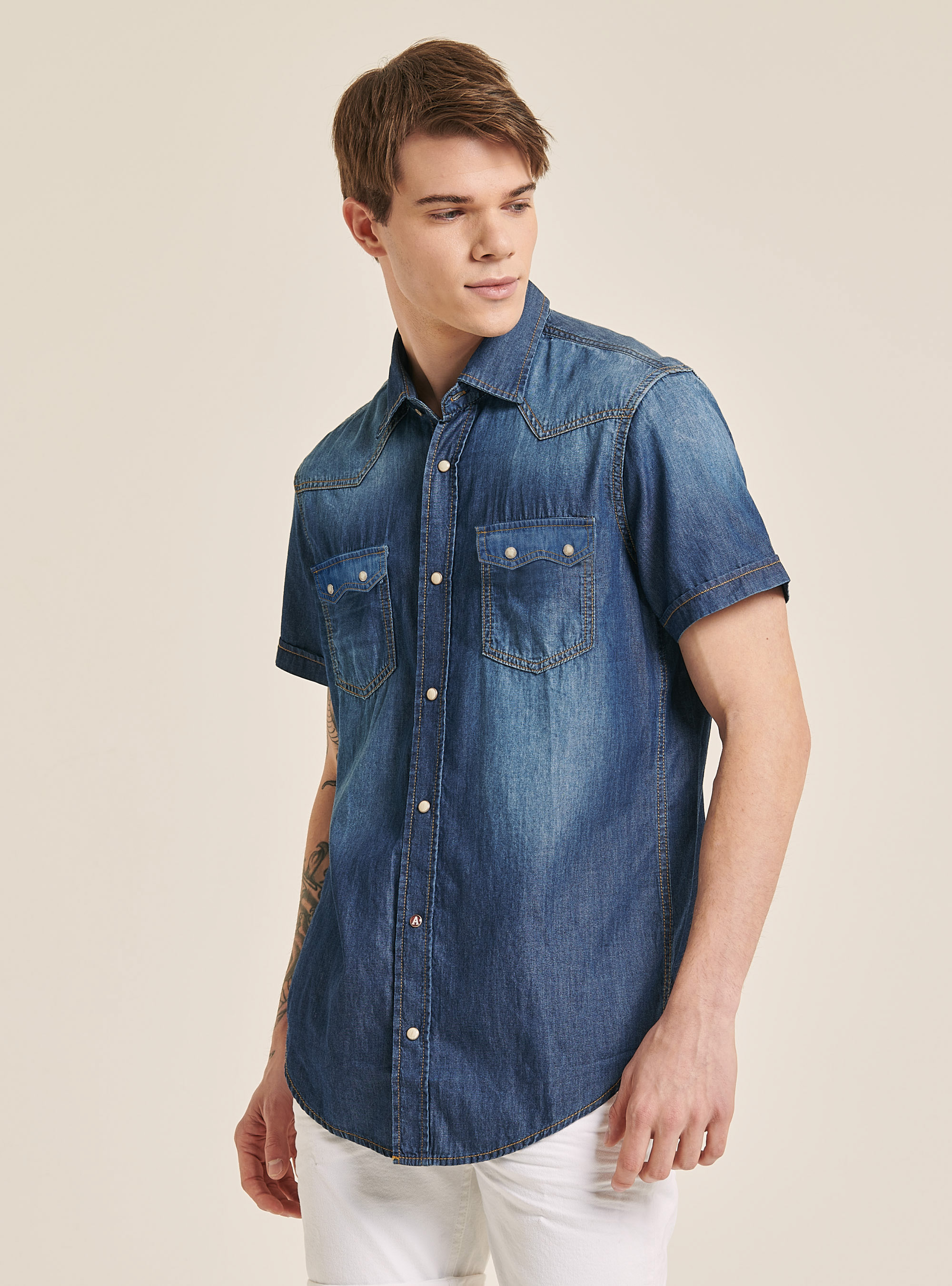 Camicia manica corta in denim leggero, BLU MARINO