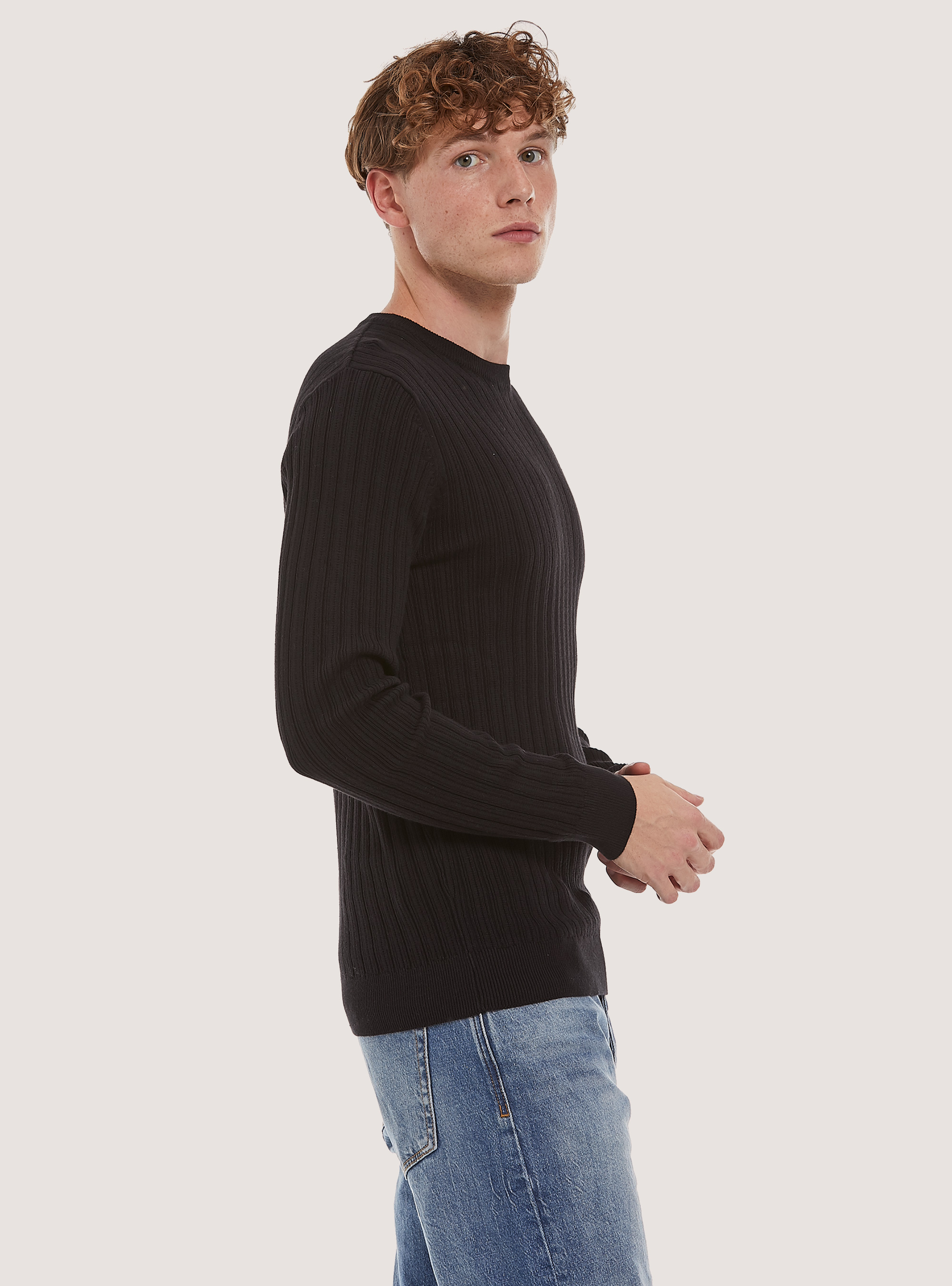 Crew-neck pullover with texture, BK1 BLACK