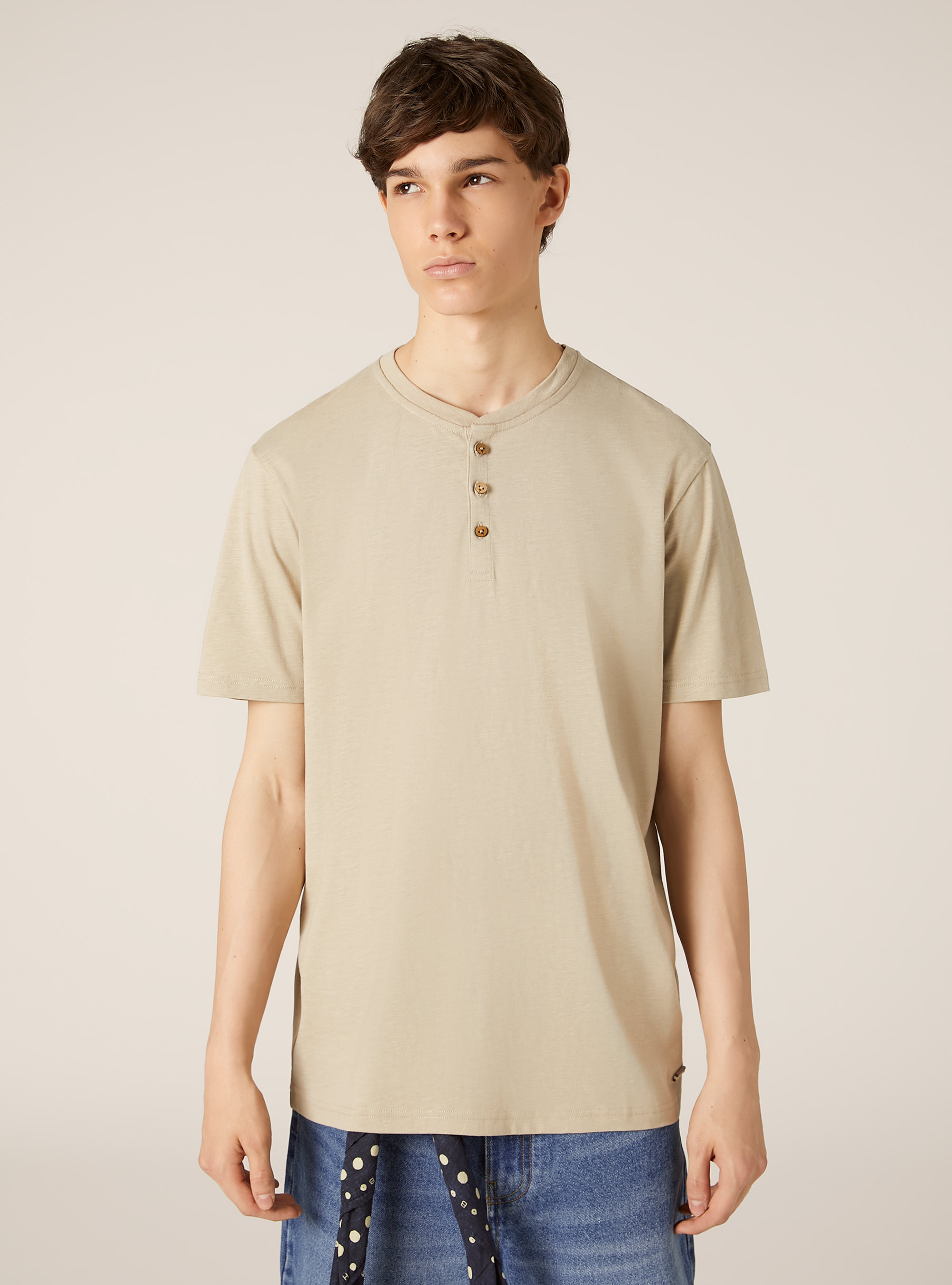 Serafino-T-Shirt aus Baumwolle, BG2 BEIGE MEDIUM