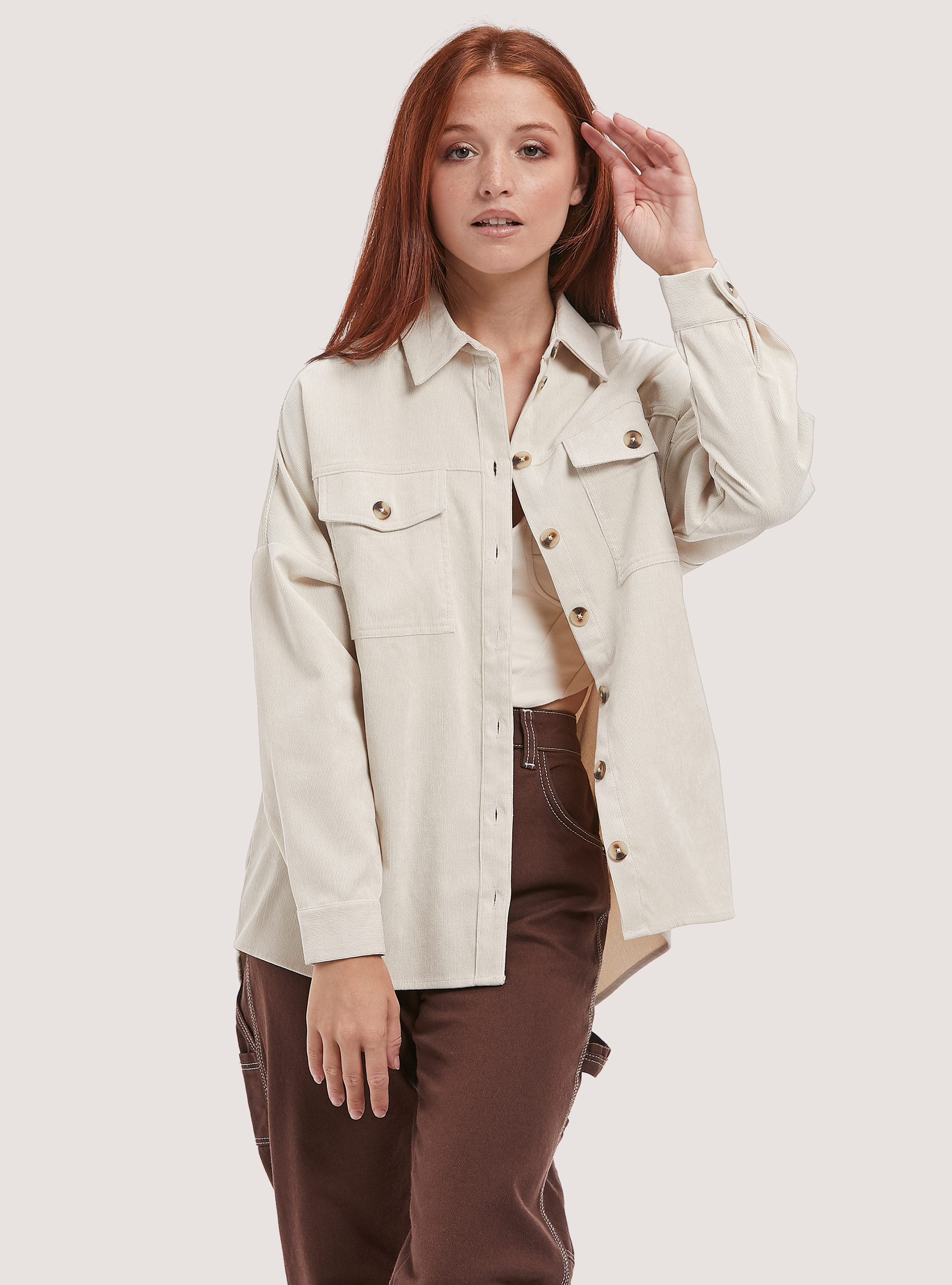 Giacca camicia in velluto a costine, BEIGE