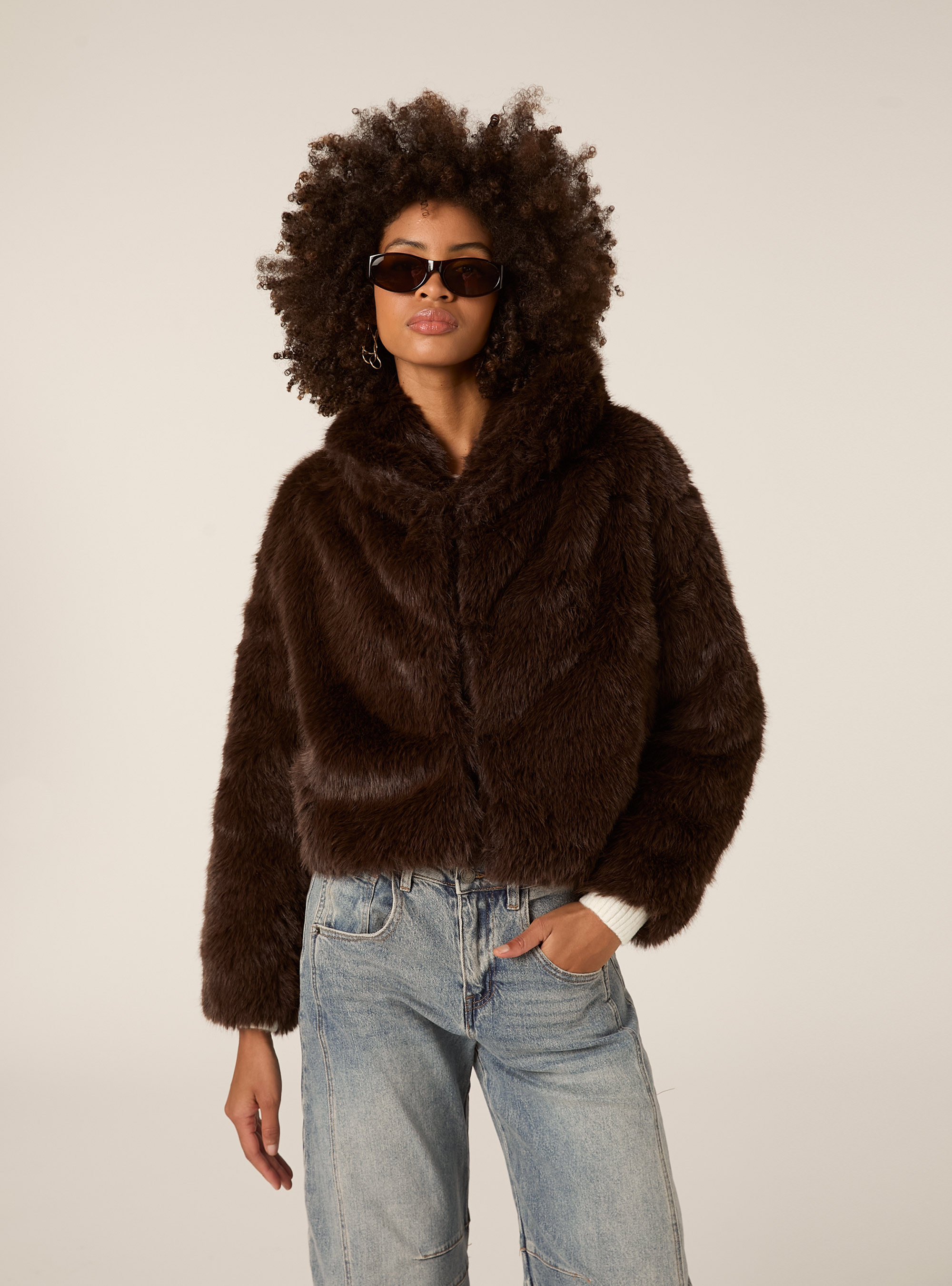 Pelliccia sintetica collo cappuccio, BR1 BROWN DARK