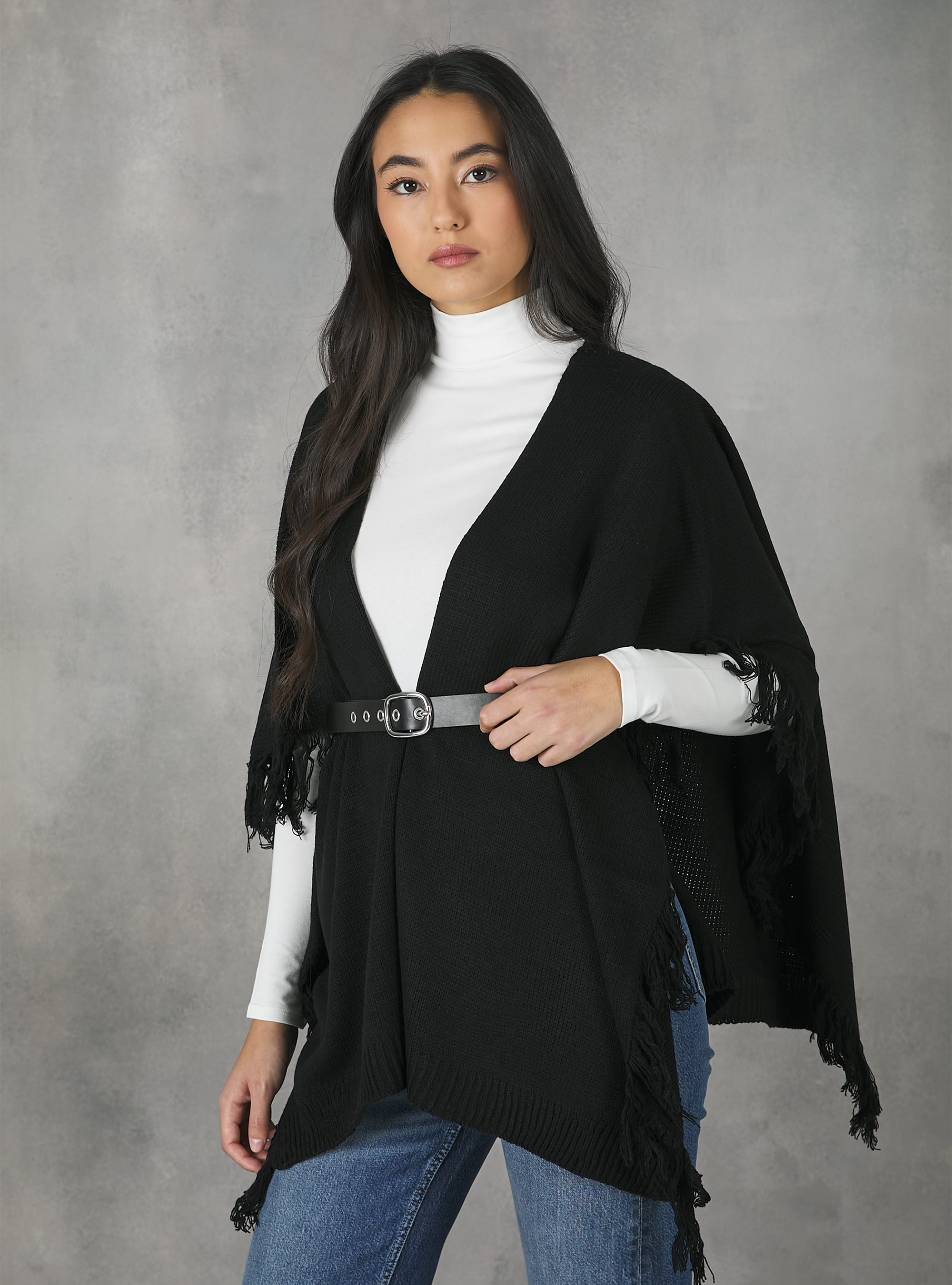 Poncho with fringes, BLACK
