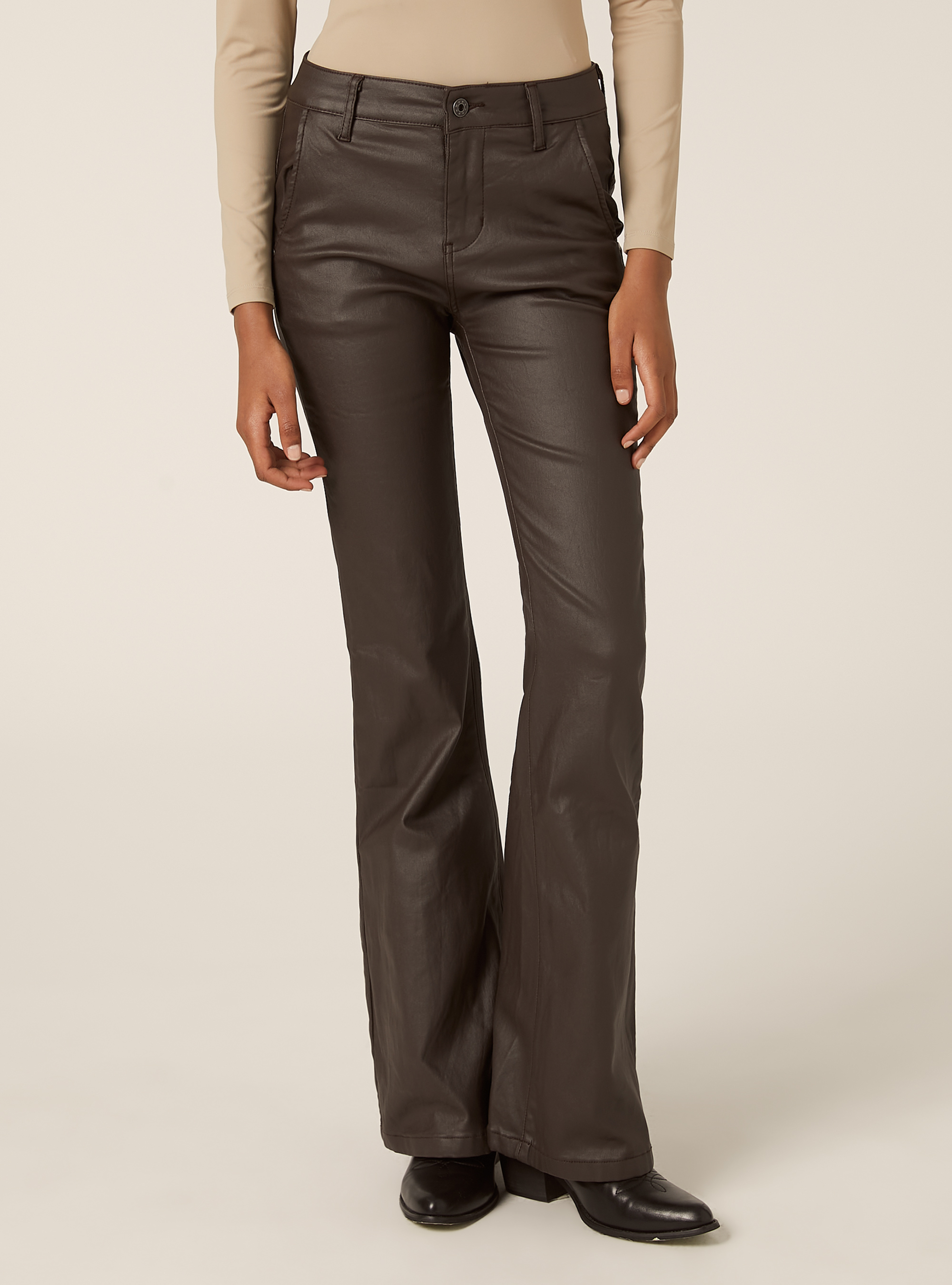 Pantaloni ecopelle flare, BR2 BROWN MEDIUM