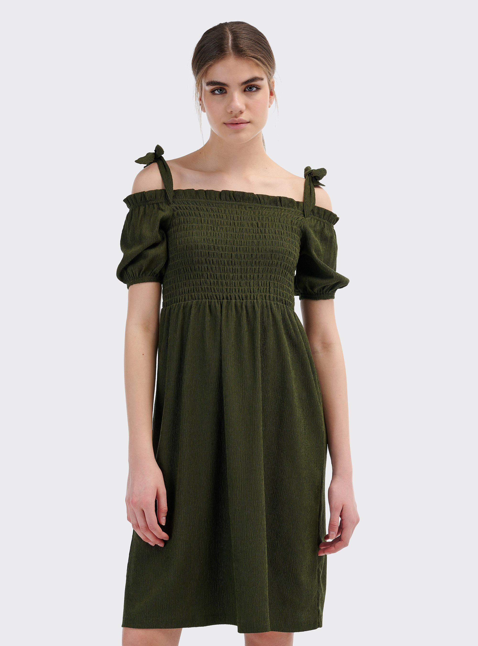 Vestito midi spalle scoperte e maniche corte a sbuffo, KAKI