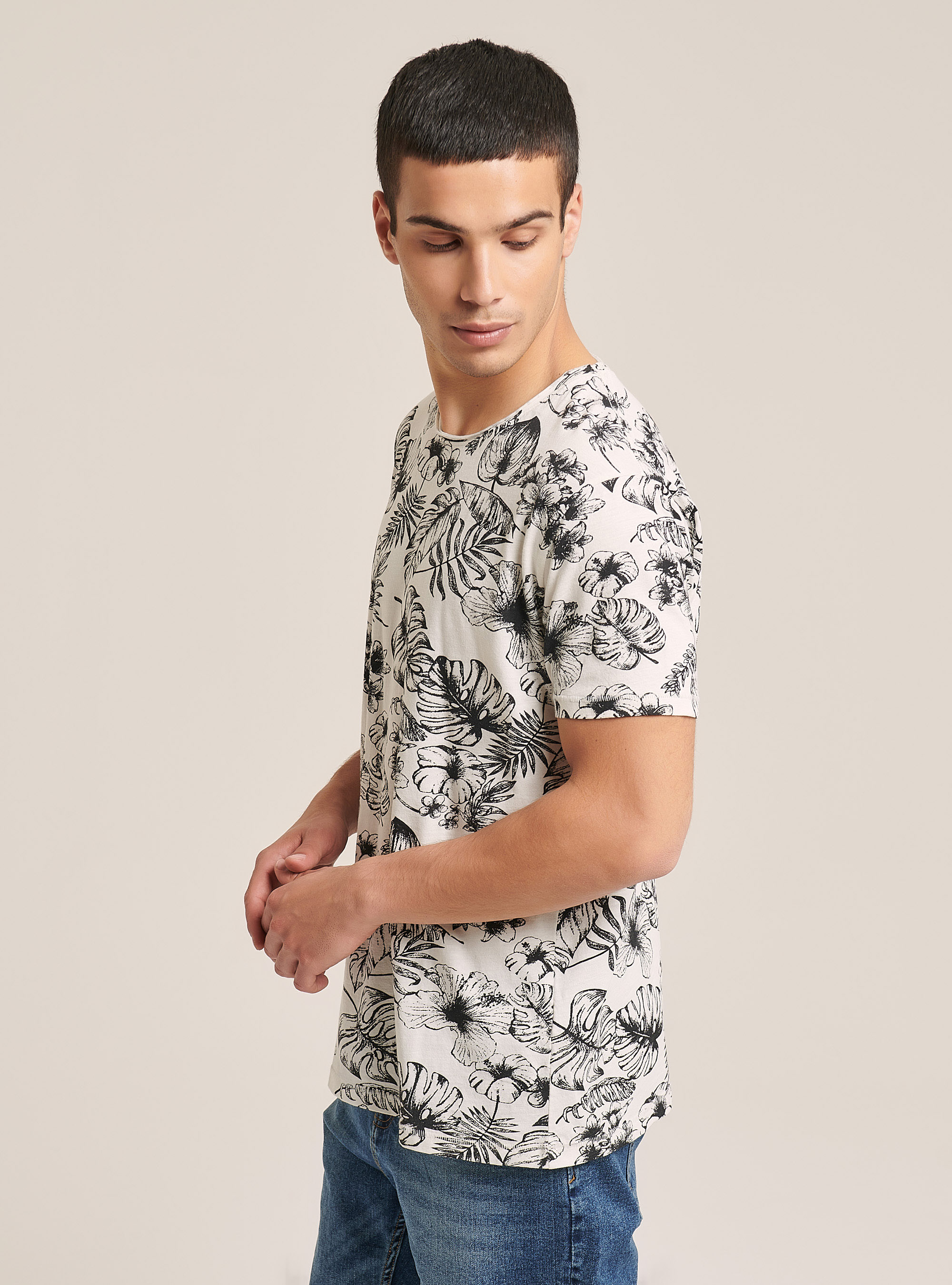 Cotton T-shirt with tropical print, MULTICOLOR