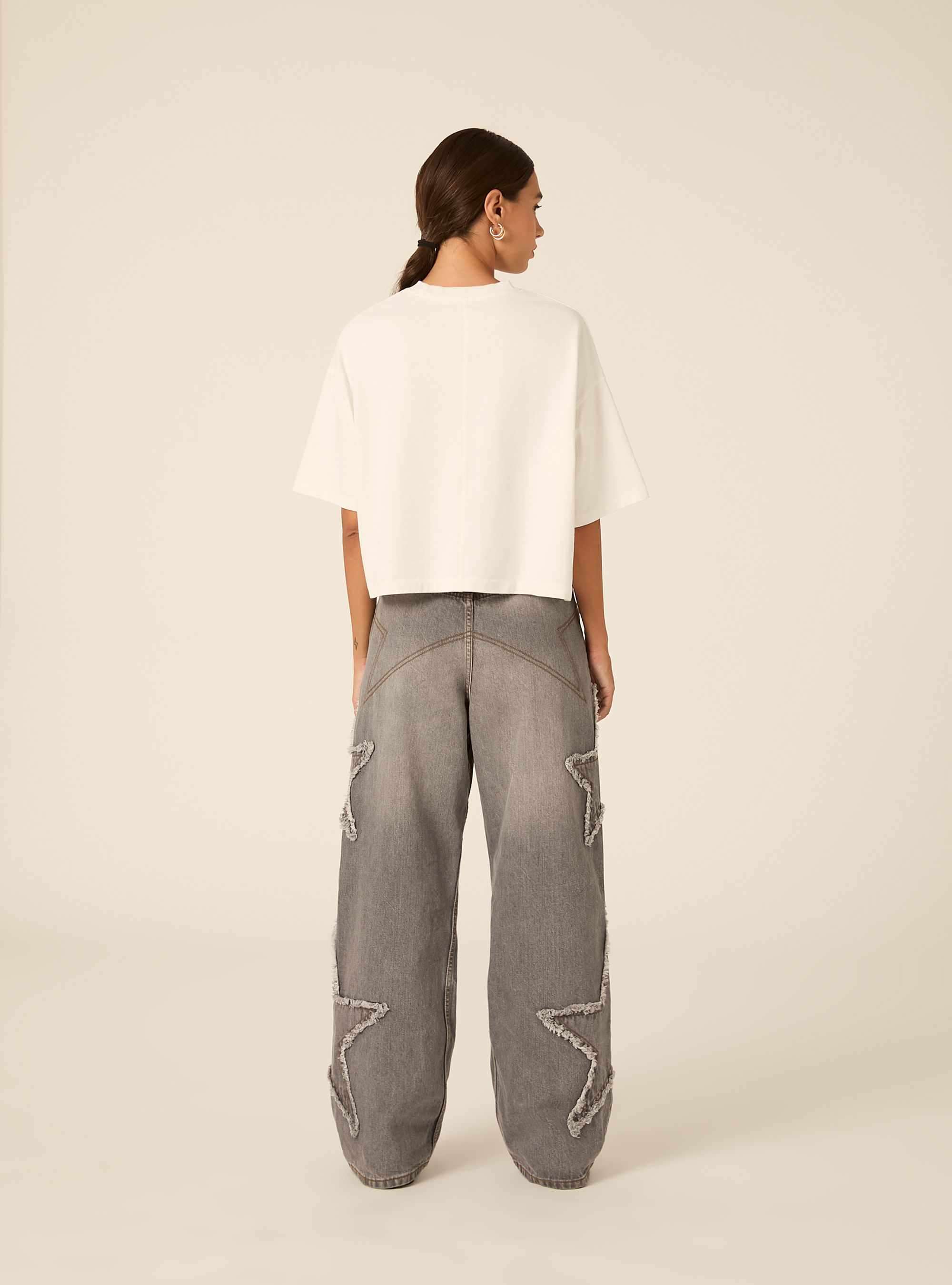 Vaqueros baggy con parches de estrella deshilachados, D00G GREY