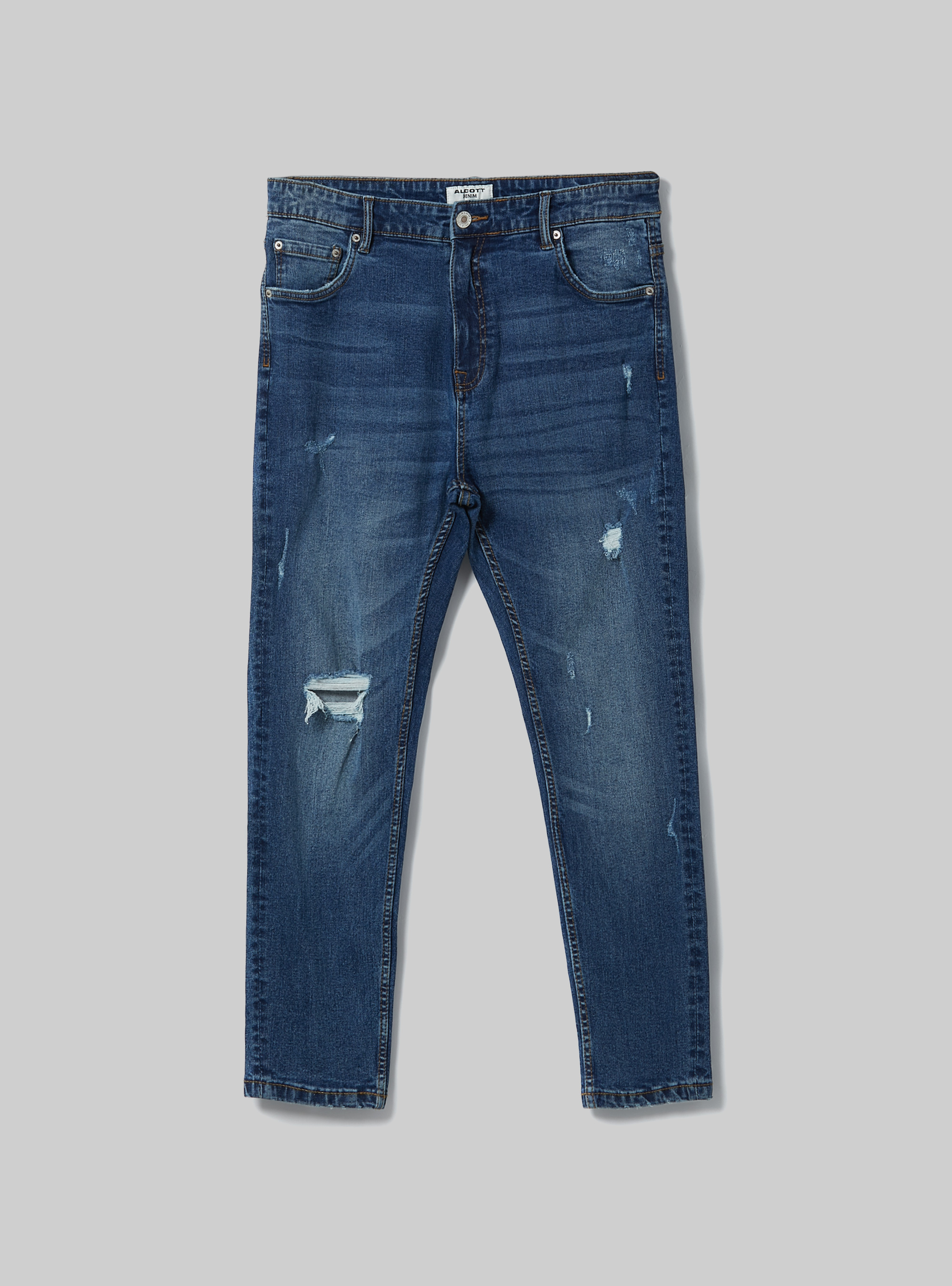 Stretch denim carrot fit jeans with rips, D003 MEDIUM BLUE
