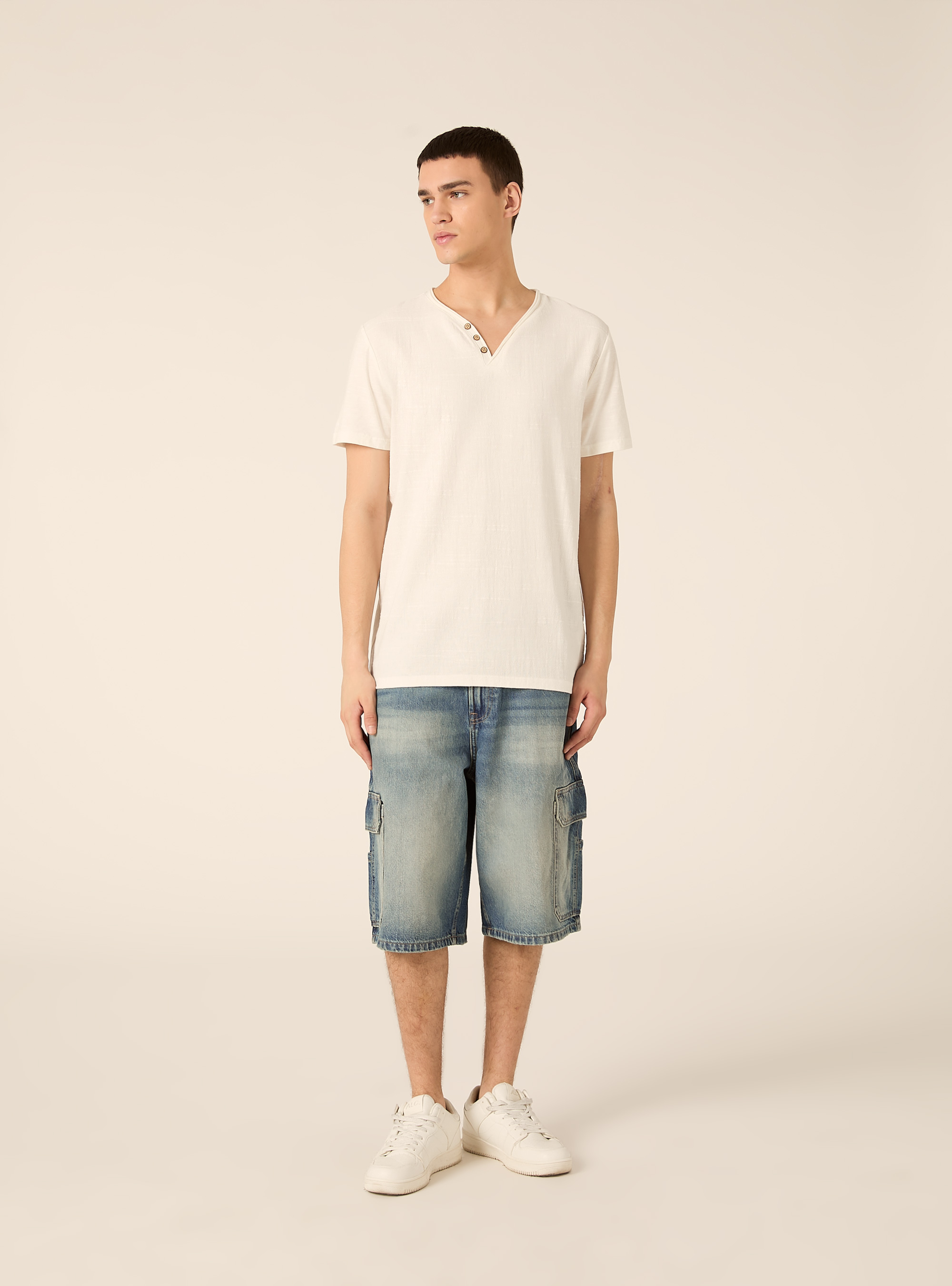 V-neck linen blend T-shirt, WH2 WHITE