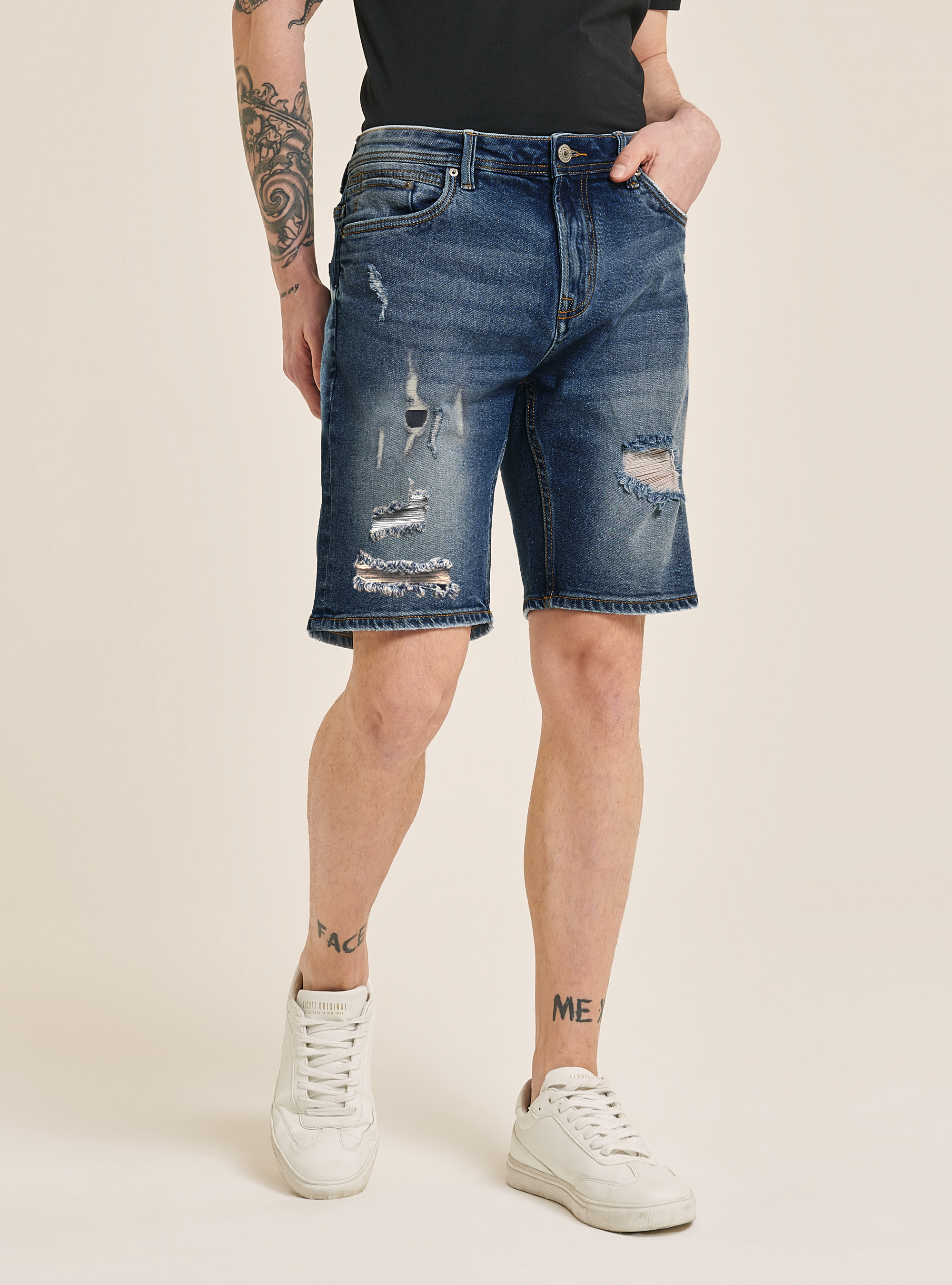 Bermuda in denim stretch con rotture, BLUE