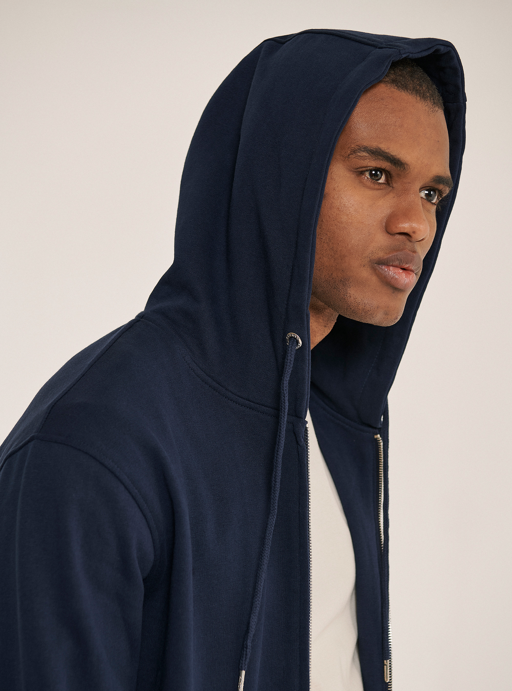 Basic hooded zip-up cotton sweatshirt, BLUE NAVY