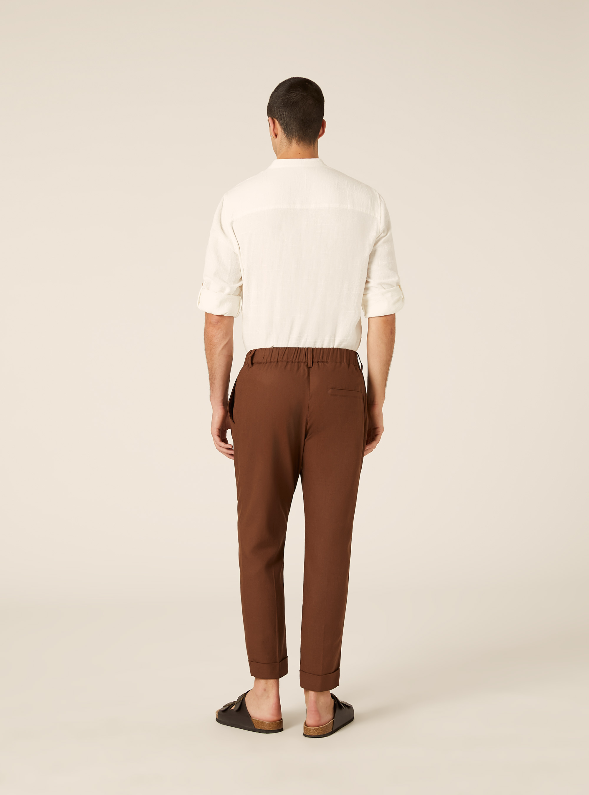 Pantaloni una pince misto lino, BR1 BROWN DARK