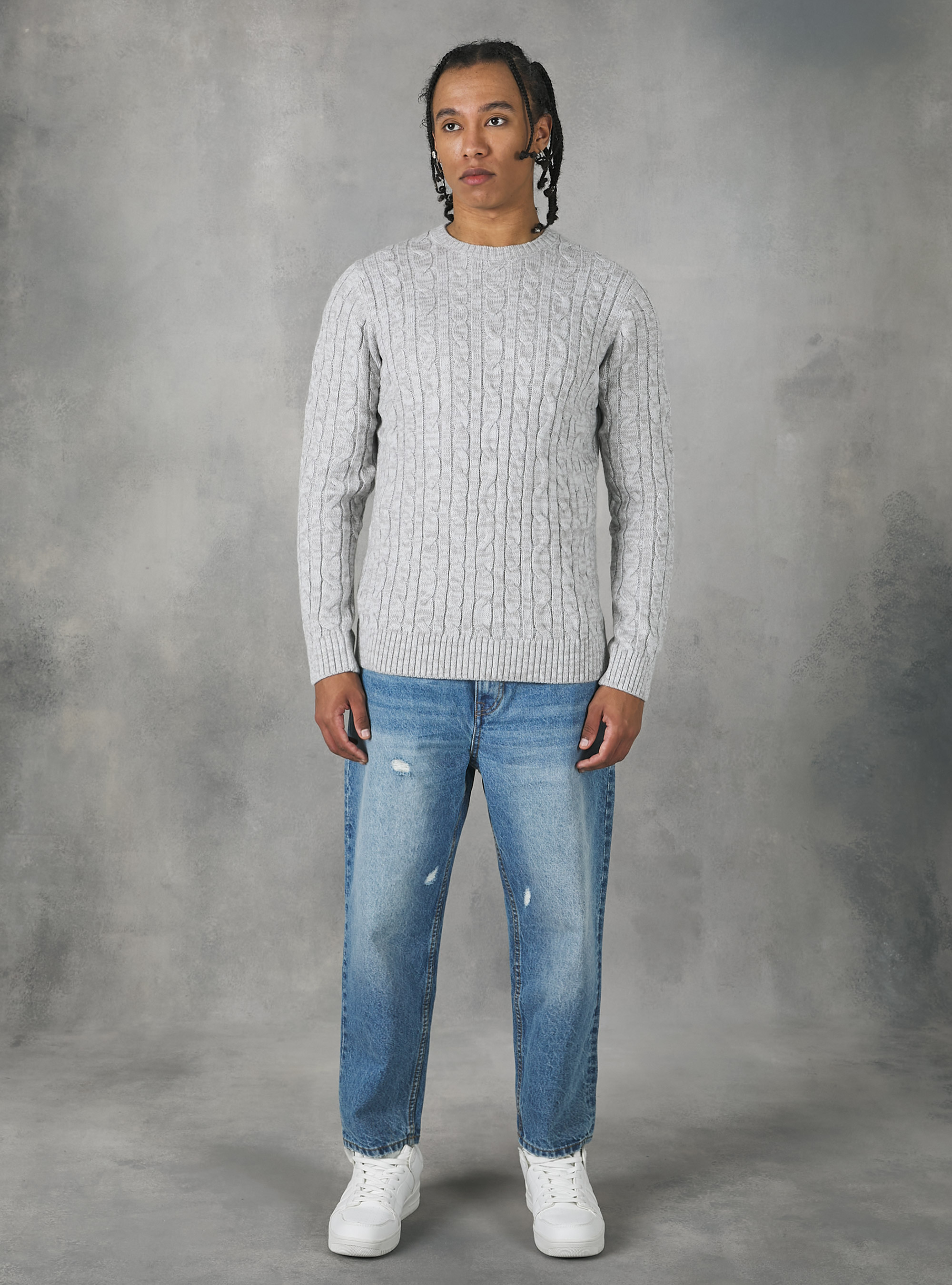 Crew-neck pullover with braids, MGY3 GREY MEL LIGHT